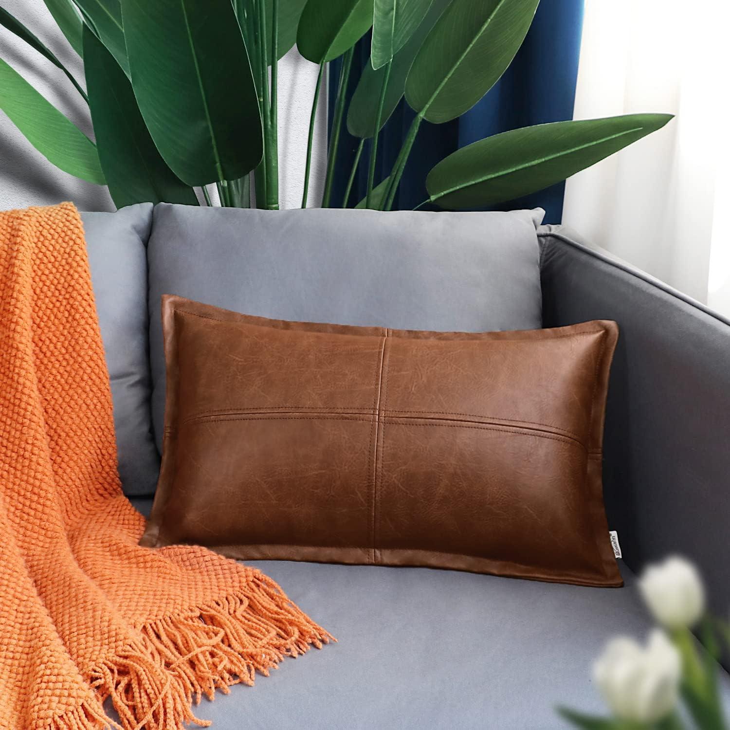 BRAWARM Dark Brown Leather Throw Pillow 12 X 20 Inches, Faux Leather Pillow Cover with Piping, Hand Stitched Leather Decorative Lumbar Throw Pillow Covers for Couch Sofa Bed Living Room Garden