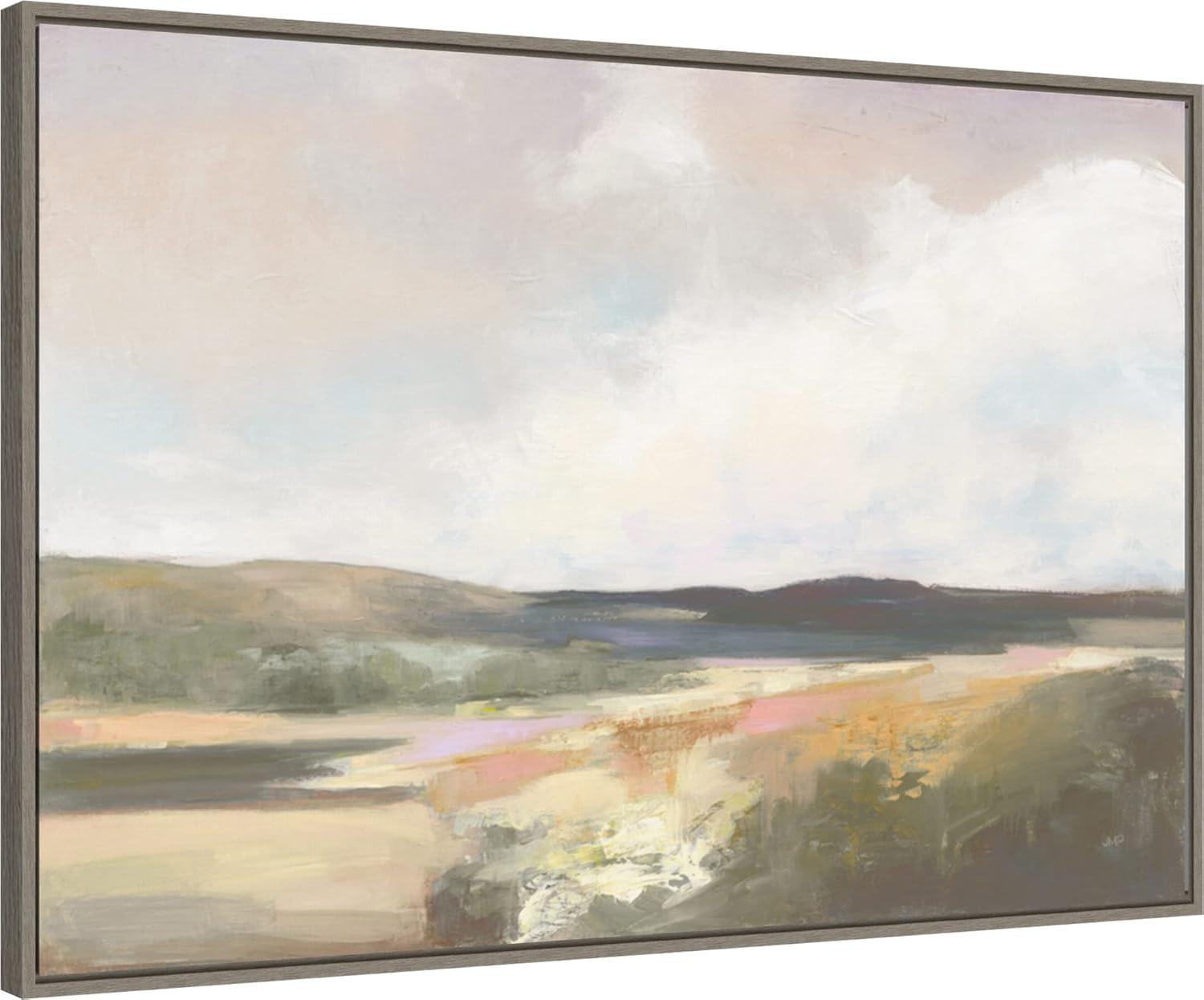 33" x 23" Dawn by The Water Neutral by Julia Purinton Framed Canvas Wall Art Print - Amanti Art: Rolling Hills & Waves