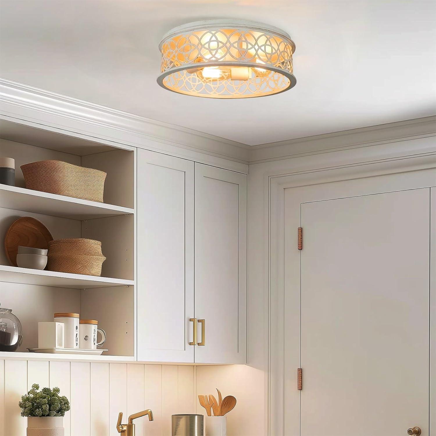 Kira Home Blythe 17" 3-Light Rustic Farmhouse Flush Mount Ceiling Light + Metal Cage Drum Shade, Antique White Finish