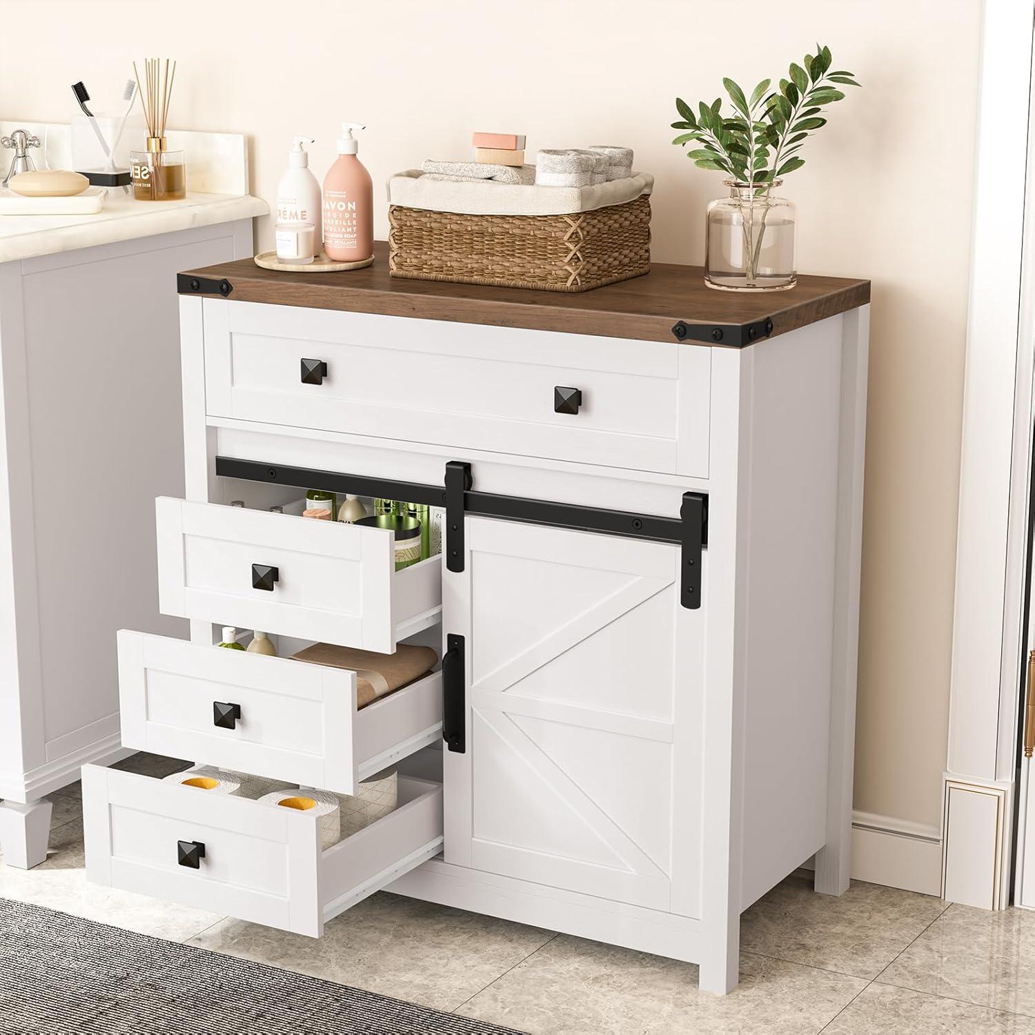 Farmhouse Storage Cabinet, Bathroom Cabinet with Sliding Barn Doors, Floor Storage Cabinet with Adjustable Shelves and 4 Drawers for Kitchen, Living Room, Dining Room, Modern White