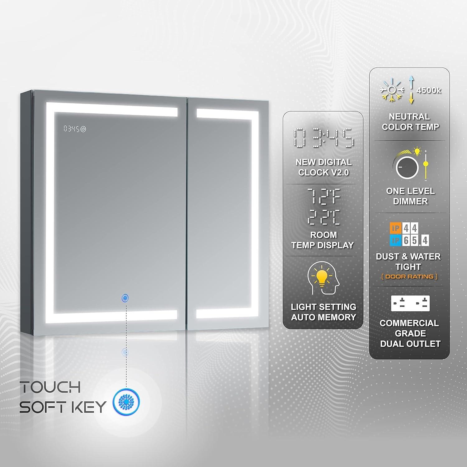 DECADOM LED Mirror Medicine Cabinet Recessed or Surface, Dimmer, Clock, Room Temp Display, Dual Outlets (Duna 36x32)