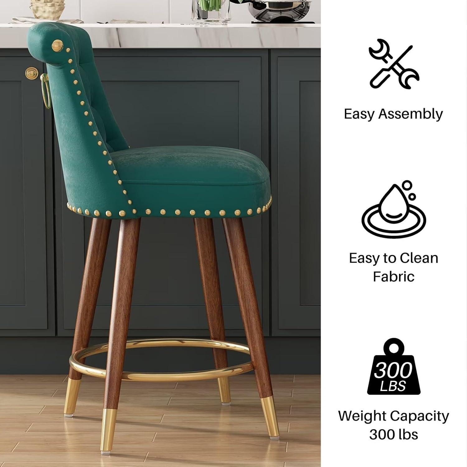 Ninecer 24" Swivel Counter Height Chairs, Elegant Modern Velvet Bar Stools with Solid Rubber Wood Legs, Green (Set of 2)