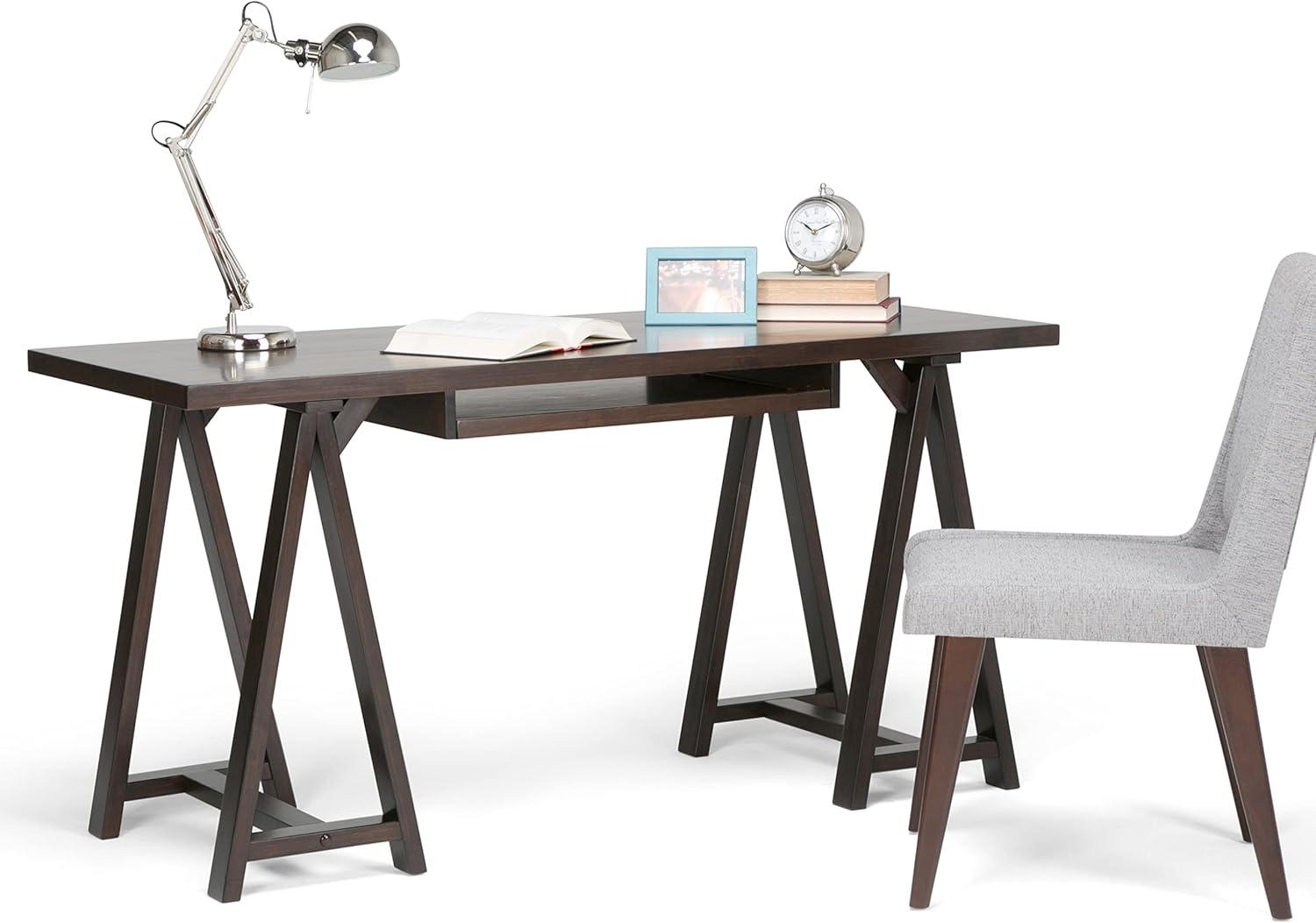 Simpli Home Sawhorse Computer Desk in Dark Chestnut Brown