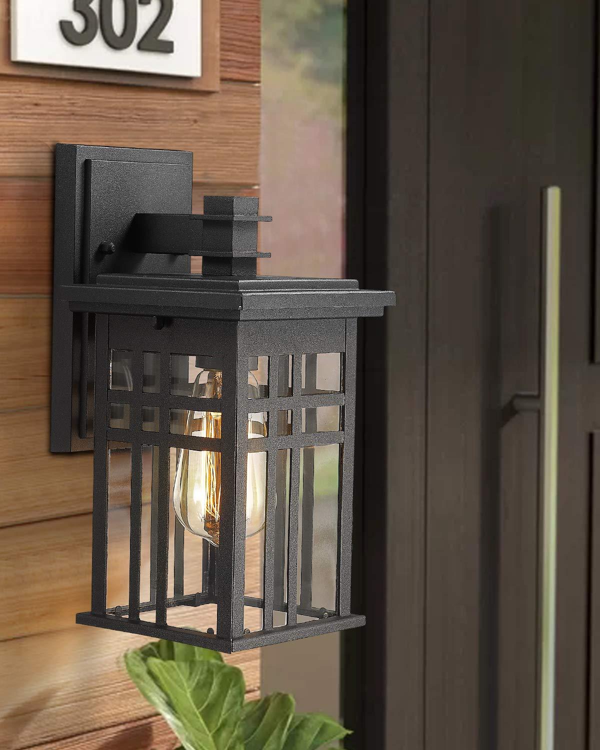 zeyu 2 Pack Outdoor Wall Sconce, Exterior Wall Mount Light in Black Finish with Clear Glass Shade, 20068B1-2PK