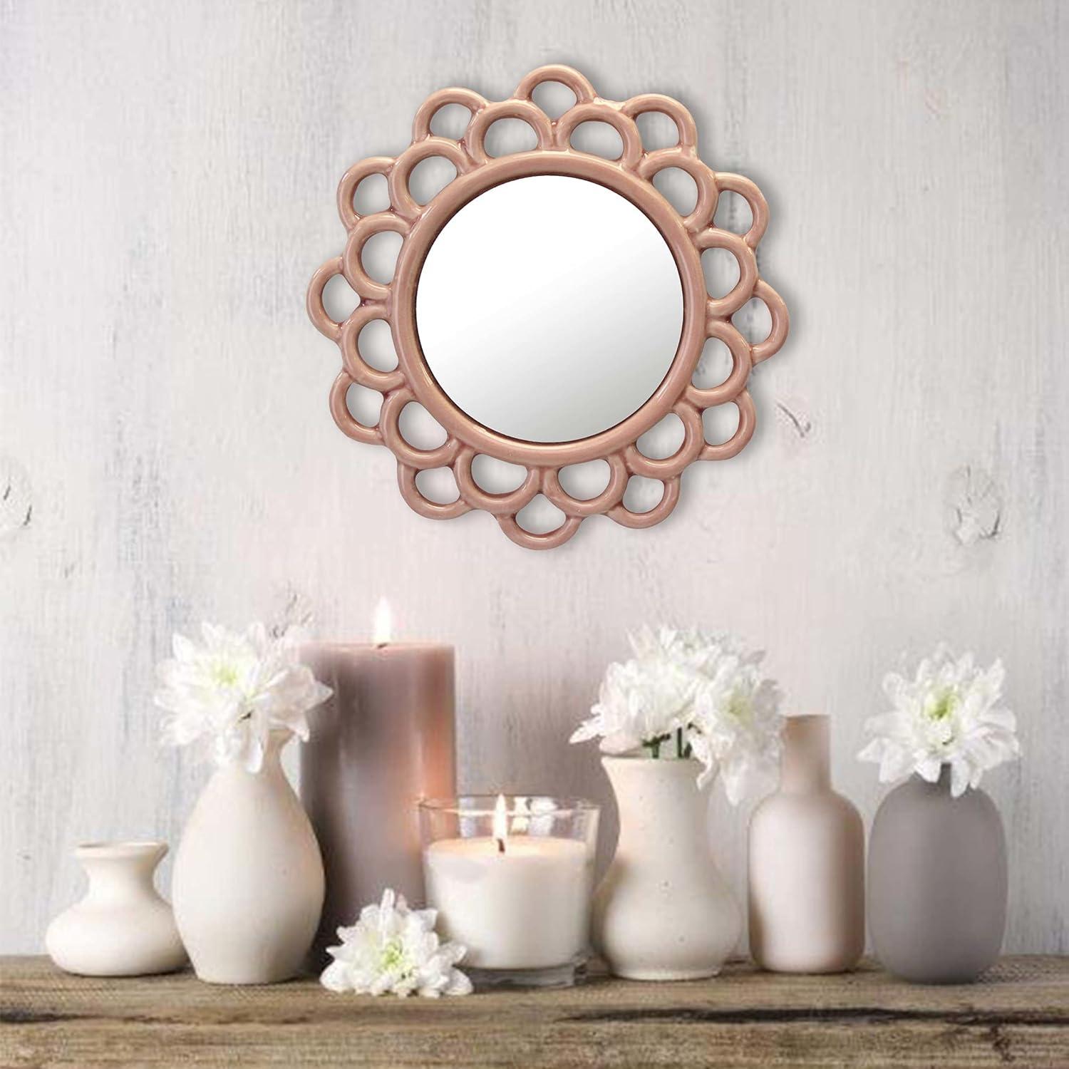 9" Decorative Round Floral Ceramic Wall Hanging Mirror Pink - Stonebriar Collection: Elegant Scalloped Edge, Keyhole Hanger