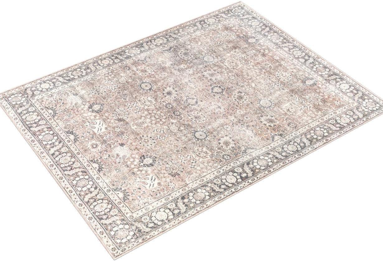 Hauteloom Ganyangan Machine Washable Living Room Kitchen Bedroom Area Rug - Vintage Distressed - Oriental Floral Pattern - Bordered - Brown, Beige, Cream - 5'3" x 7'3"