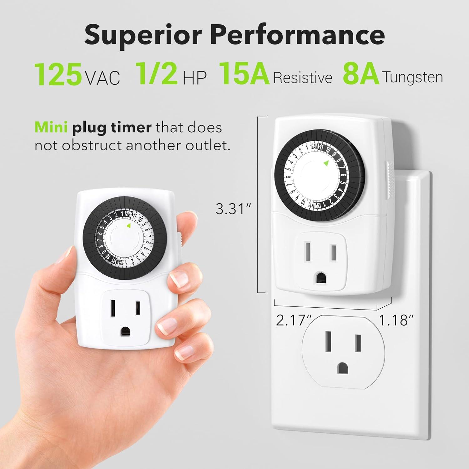 BN-LINK BND-60/U47 Indoor Mini 24-Hour Mechanical Outlet Timer, 3-Prong, 2-Pack