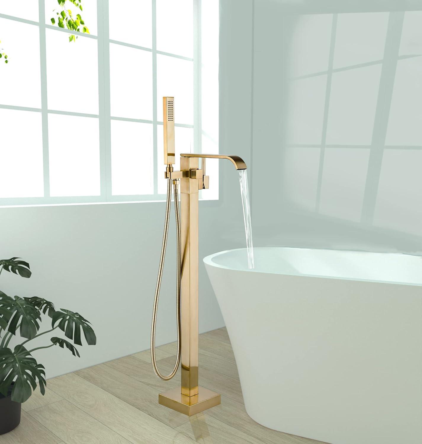 Brushed Gold Freestanding Waterfall Tub Faucet with Hand Shower