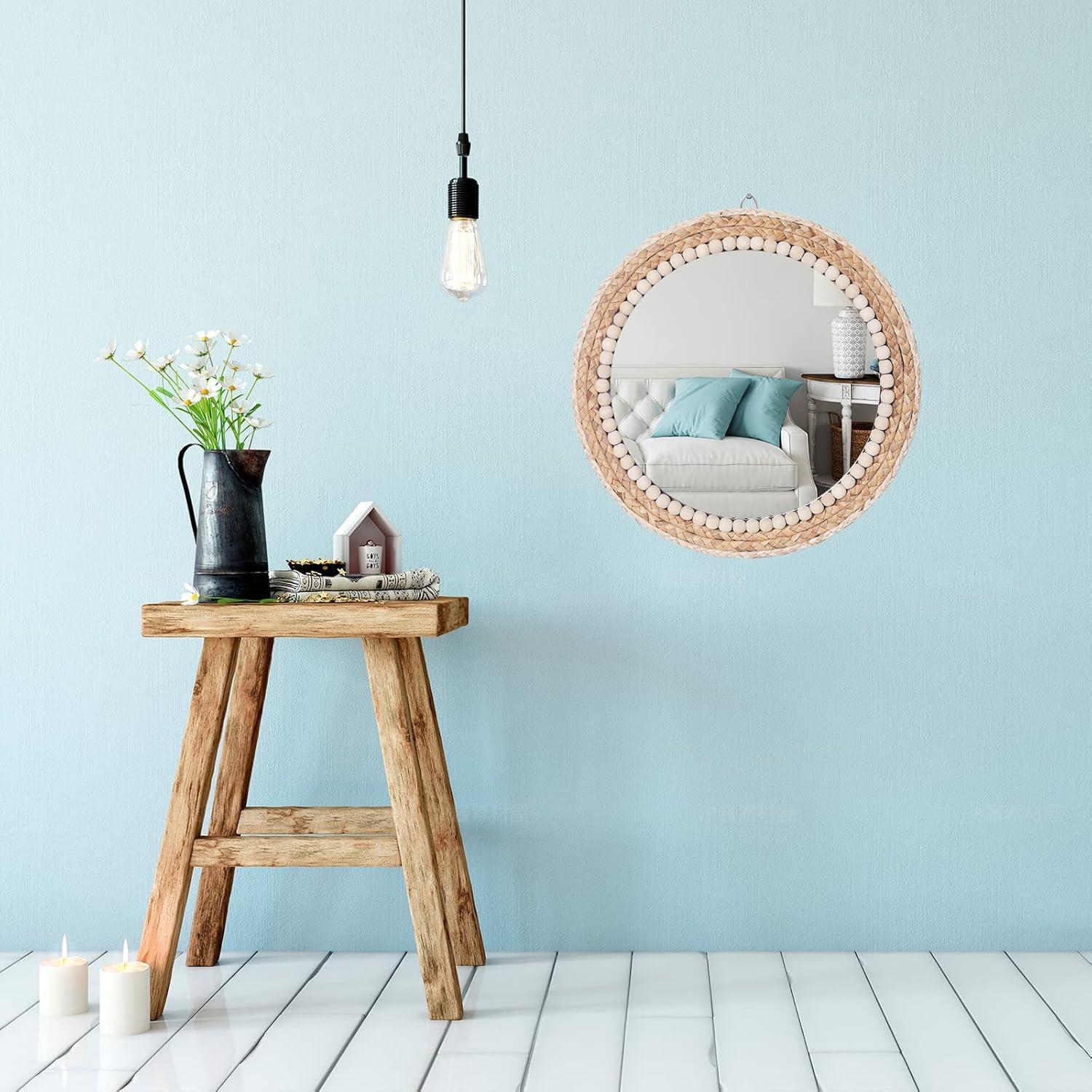 Boho Round Rattan and Wood Bead Wall Mirror, 15 Inch