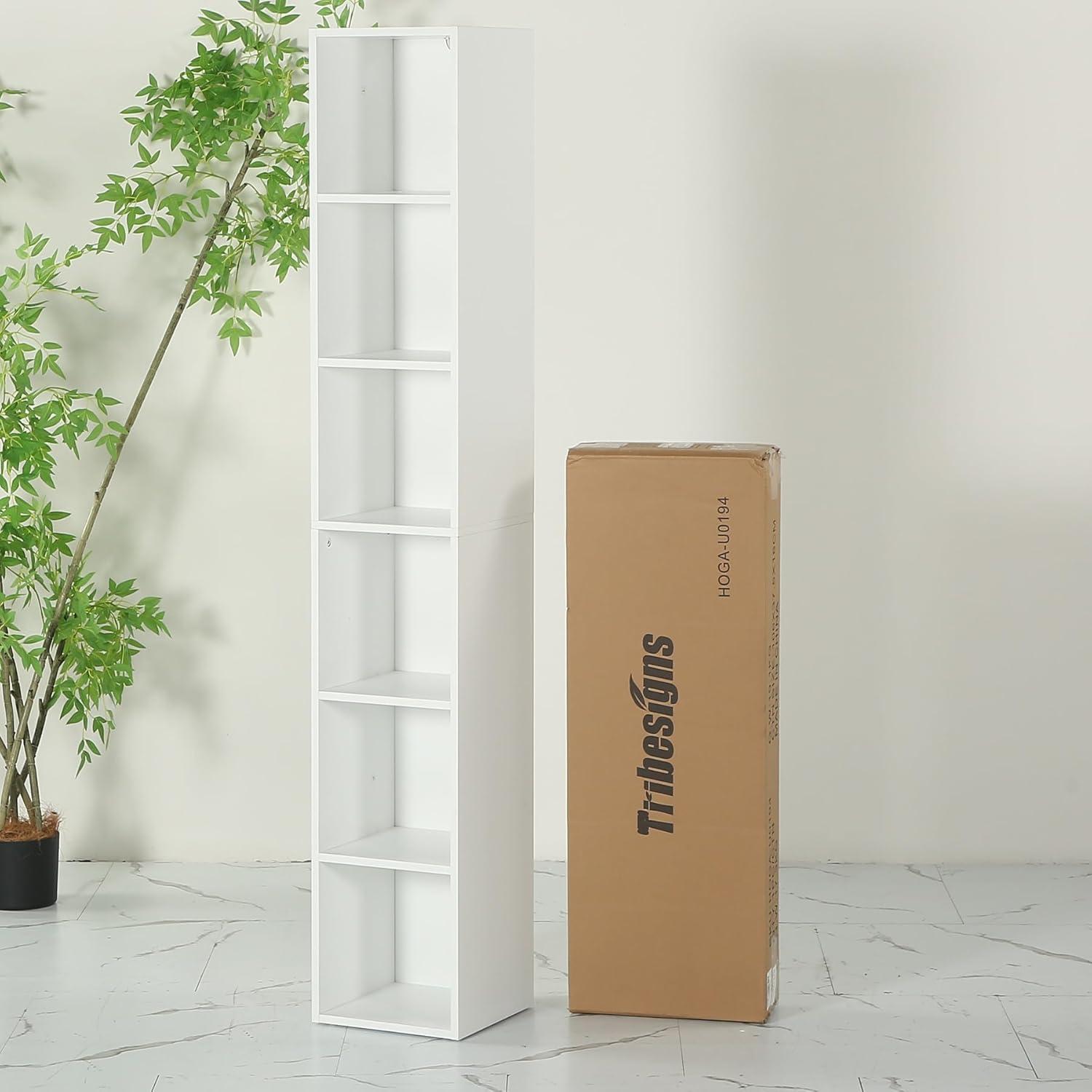 Modern White Tall Corner Bookcase with 6 Cube Shelves