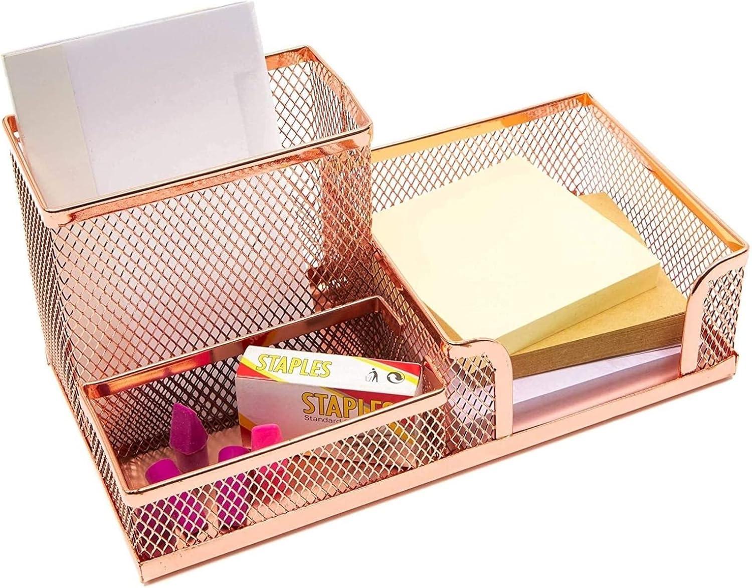 Paper Junkie Rose Gold Desk Organizer Set for Home and Office Supplies, Accessories with Pen, Pencil, Business Card, Note, and Clip Holders