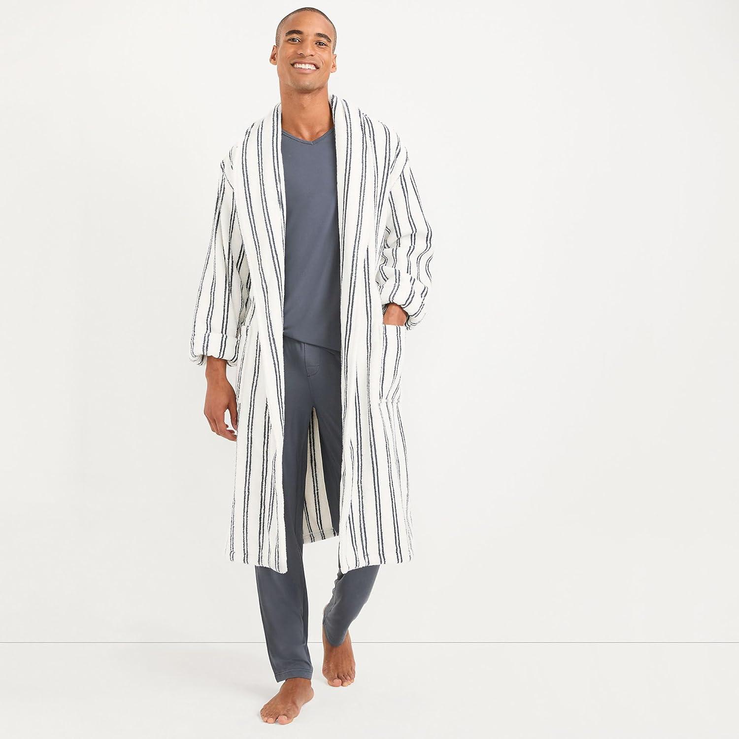 Lands' End Men's Calf Length Pattern Turkish Terry Robe - Large - Egret White Double Stripes