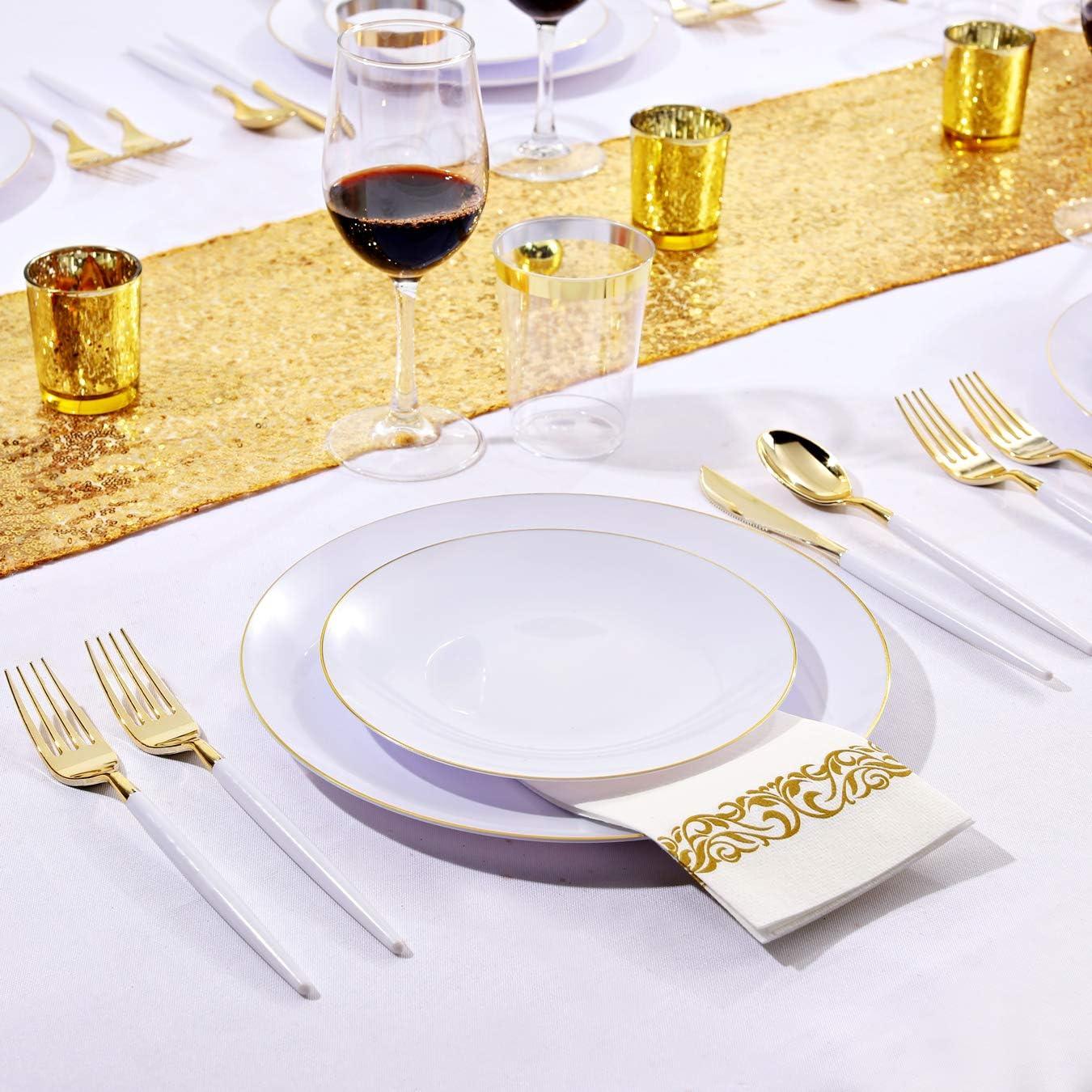 Elegant White and Gold 10.25" Plastic Dinner Plates Set