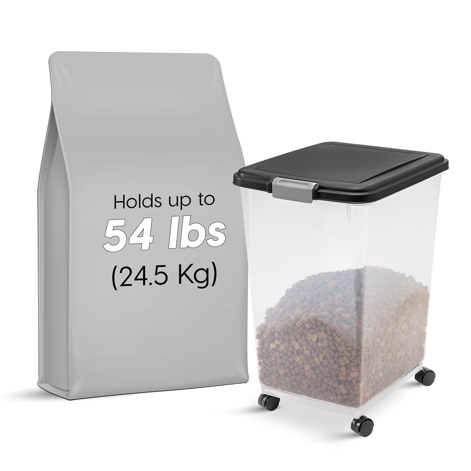 IRIS USA 54 Lbs / 69 Qt WeatherPro Airtight Pet Food Storage Container with Attachable Casters, For Dog Cat Bird and Other Pet Food Storage Bin, Black