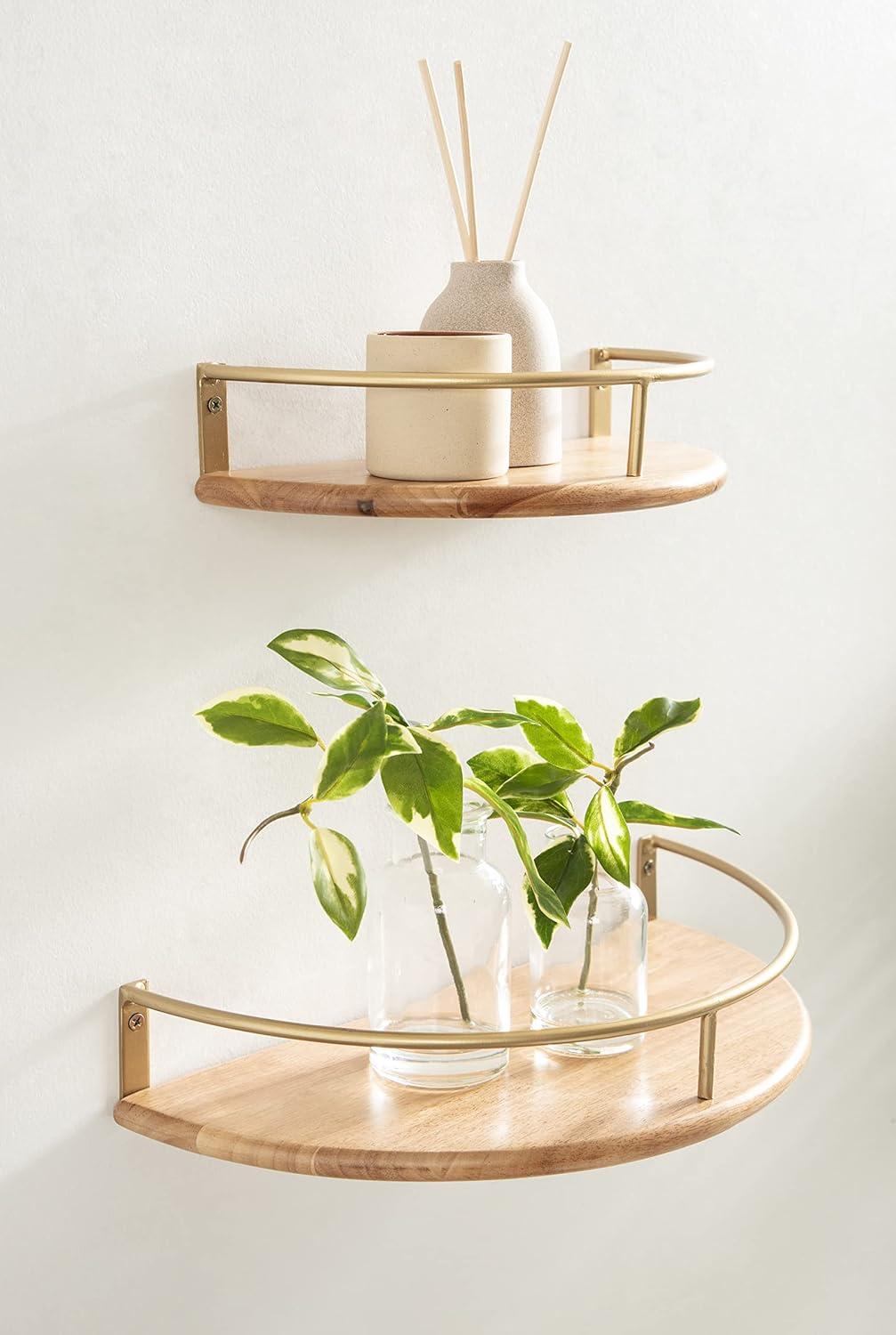 Kate and Laurel Camryn Half Circle Wood Floating Shelf, 2 Piece, Natural and Gold