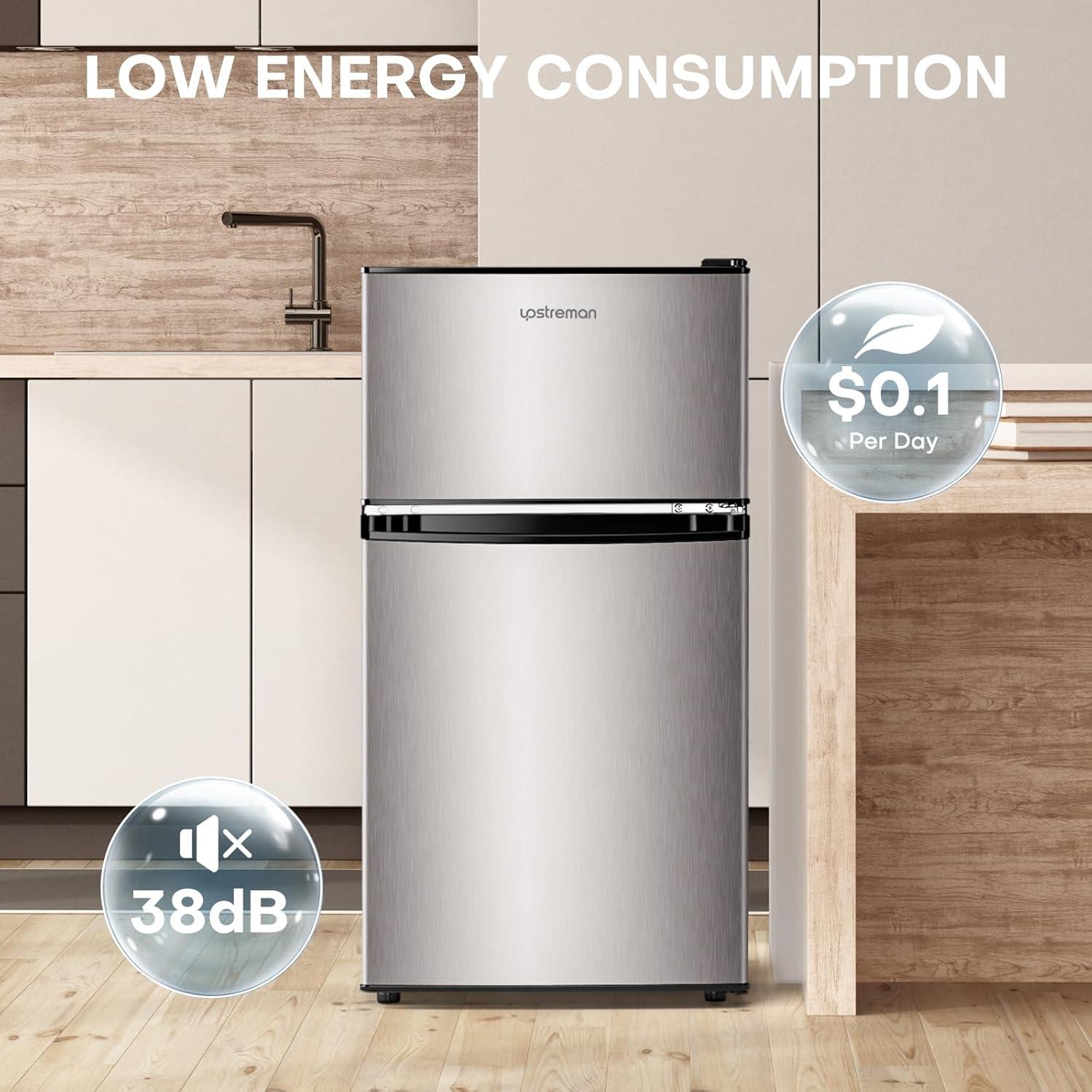 Upstreman 3.2 Cu.ft Mini Fridge with Freezer, Double Door Refrigerator-Classic Stainless