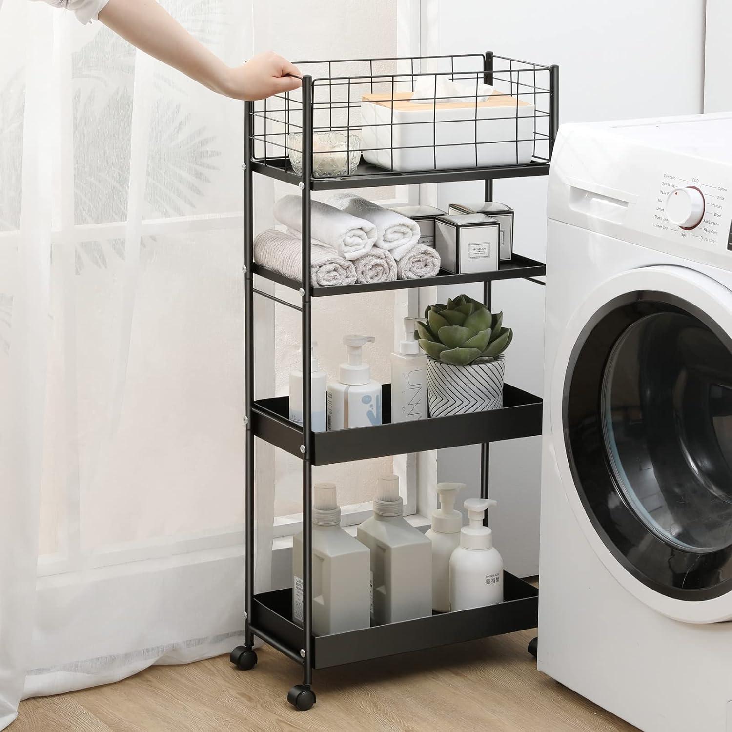 KINGRACK 4-Tier Slim Rolling Cart,Metal Utility Cart,Slide Out Storage Cart with Wooden Tabletop and Mesh Baskets for Narrow Space on Kitchen Bathroom Laundry Room Bedroom Apartments Dormitory, Black