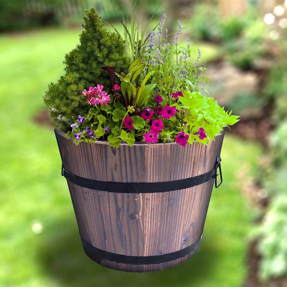 Rustic Medium Brown Wooden Whiskey Barrel Planter with Metal Handles