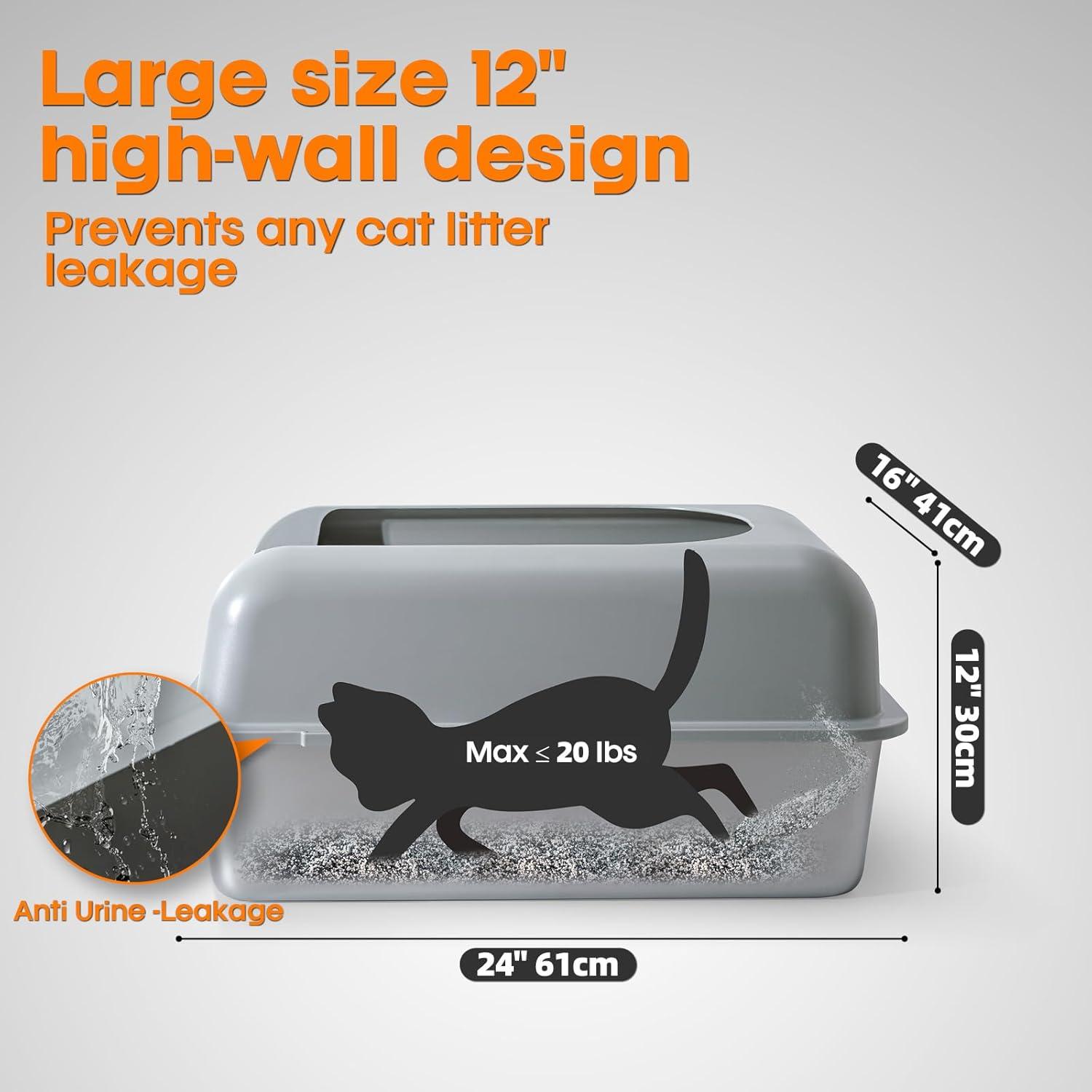 Enclosed Stainless Steel Cat Litter Box with Lid Extra Large Litter Box for Big Cats XL Metal Litter Pan Tray with High Wall Sides Enclosure, Non-Sticky, Anti-Leakage, Easy Cleaning