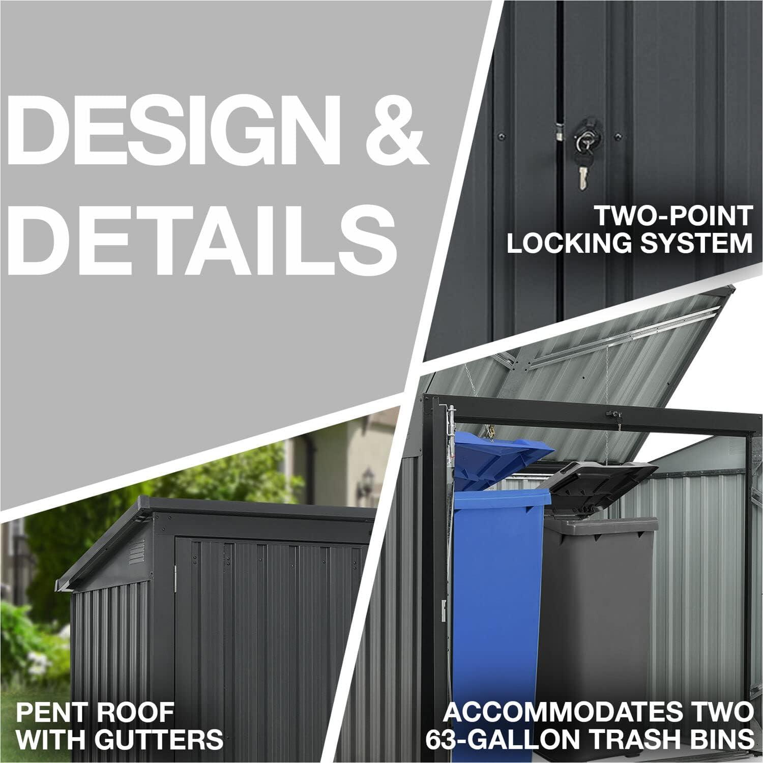 Hanover Trash and Recyclables Storage Shed | Pent Roof | Galvanized Steel | 2-Point Locking System | Stores 2 Trash Cans | 3.3-Ft. x 5.2-Ft. x 4.4-Ft. | Dark Gray | HANBINSHD-GRY