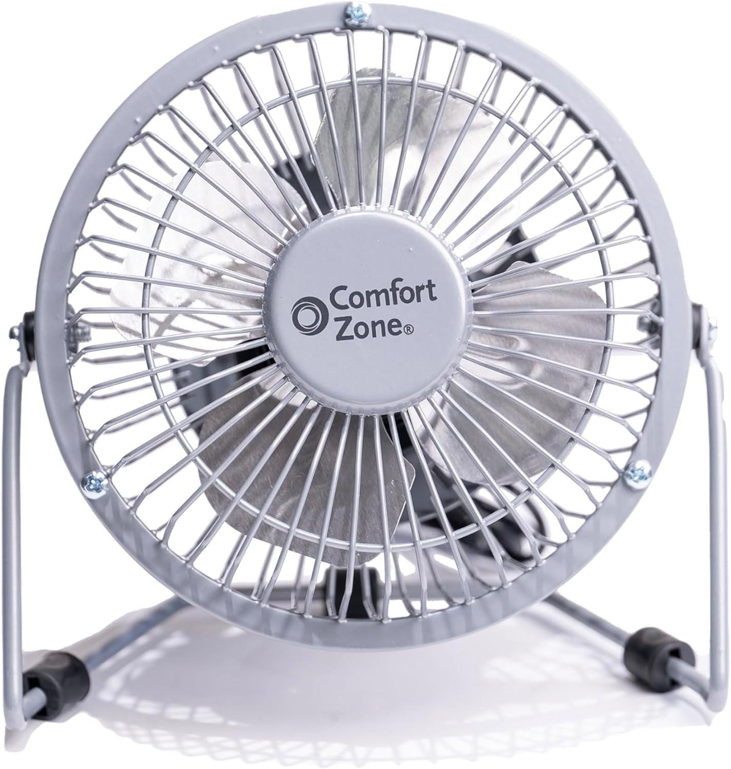 Comfort Zone 4" Mini Portable Desk Fan with 360-Degree Adjustable Tilt, Dual Powered (USB or Power Cord), All-Metal Construction, Airflow 3.31 ft/sec, Ideal for Home, Bedroom & Office, CZHV4S