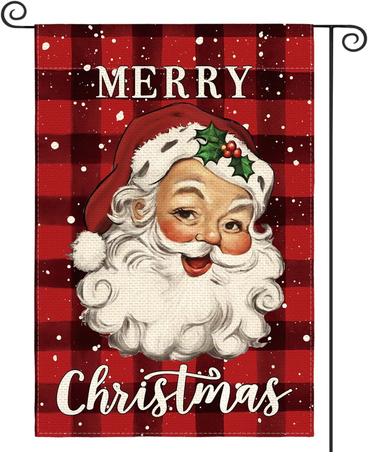 PHYHOO  Merry Christmas Santa Claus Garden Flag Double Sided, Watercolor Buffalo Plaid Winter Holiday Yard Outdoor Decorative Flag White