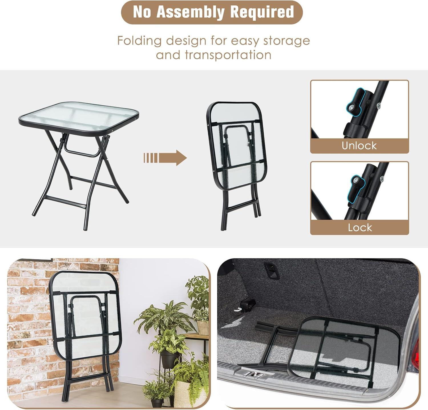 Costway Patio Folding Square Glass Side Table Bistro Coffee Table Plant Stand