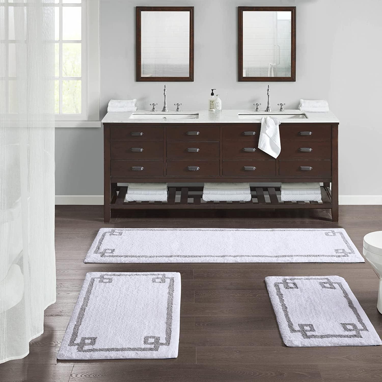 White Cotton Tufted Bath Rug with Gray Border