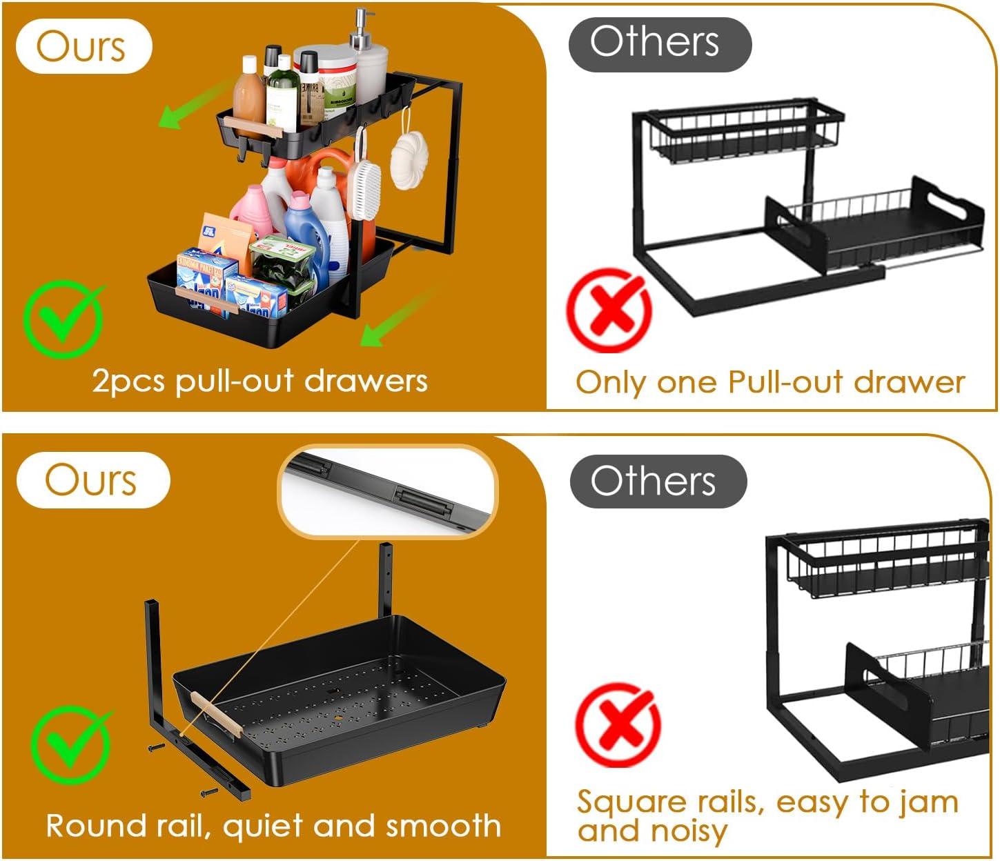 DELAMU 2 Pack Under Sink Organizers and Storage, Pull Out Trash Can Under Cabinet, 2 Tier Bin Organizer with Hooks and Haning Cups, Multi-Purpose Sliding Under Cabinet Organizer