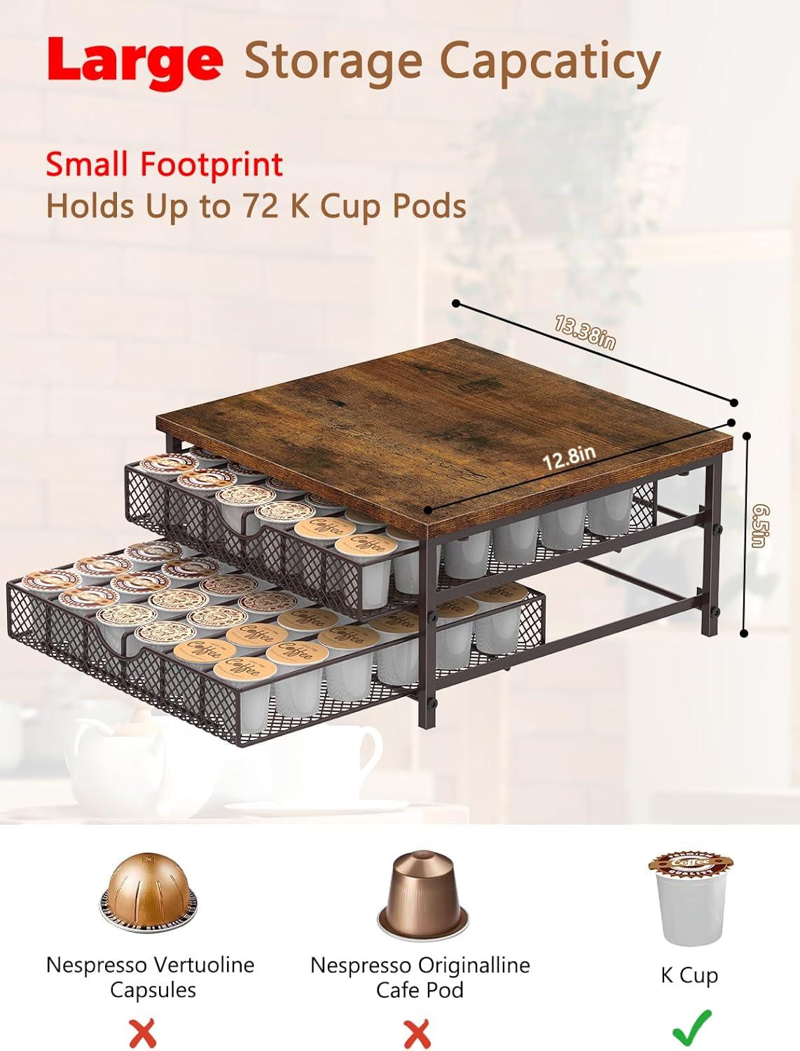 Rustic Brown 2-Tier Coffee Pod Holder with Sliding Baskets