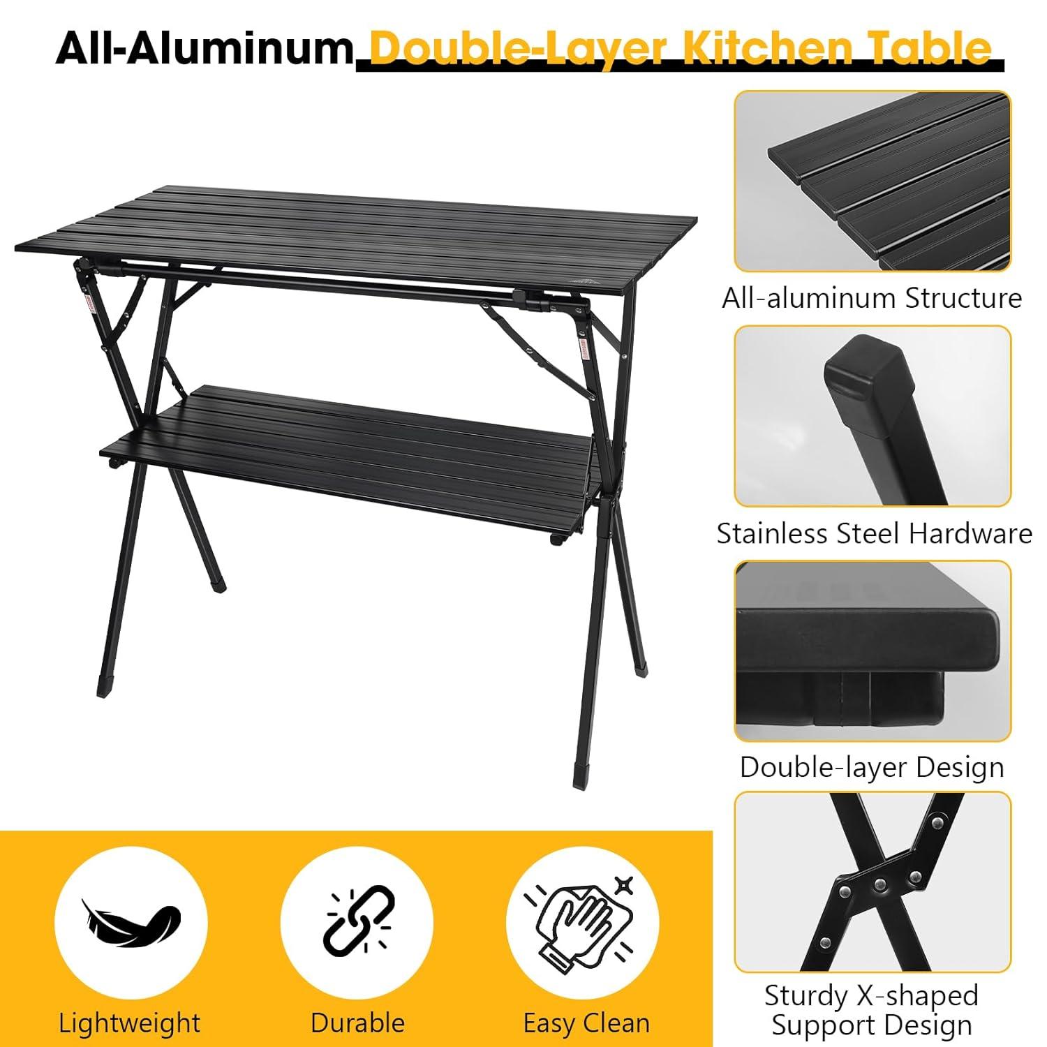AREFFA Folding Camping Table, Portable Lightweight Foldable Large Camp Tables with Carry Bag, Double-layer Aluminum Outdoor Cooking Table