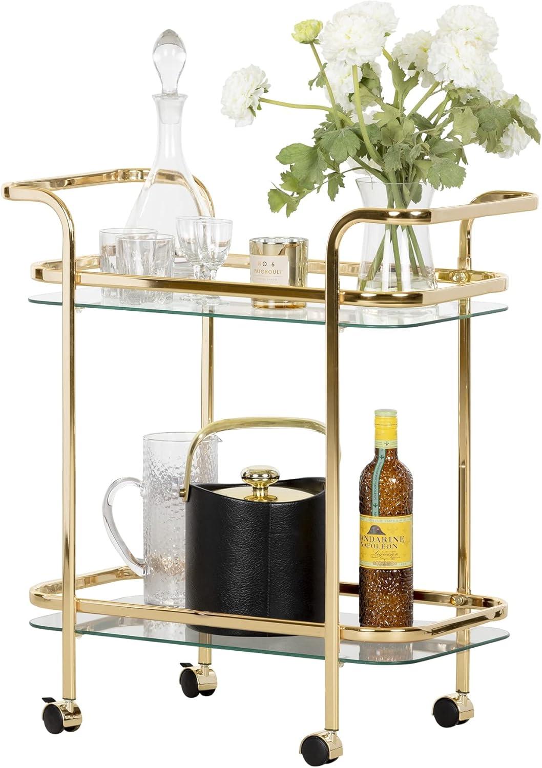 Elegant Gold and Glass Rolling Bar Cart with Storage