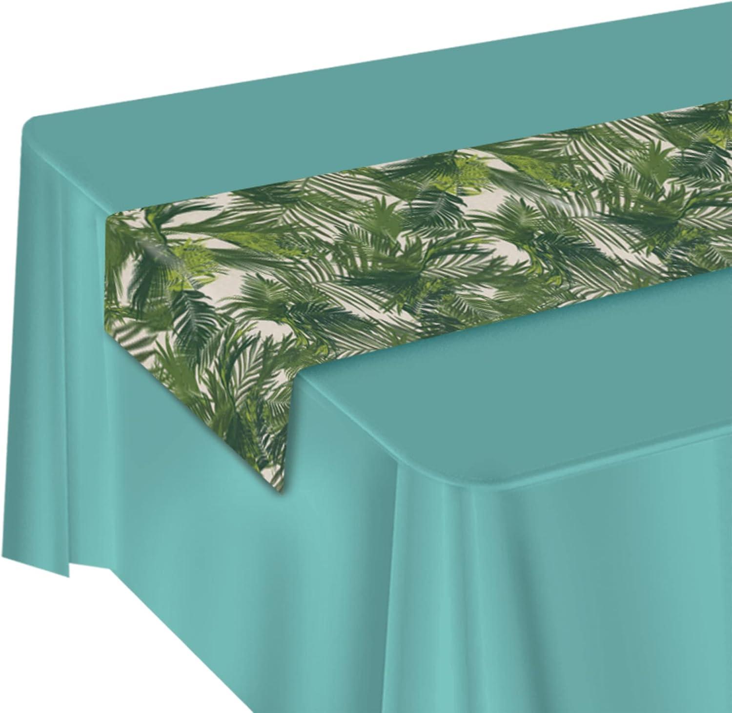 Green and Off-White Tropical Palm Leaf Fabric Table Runner