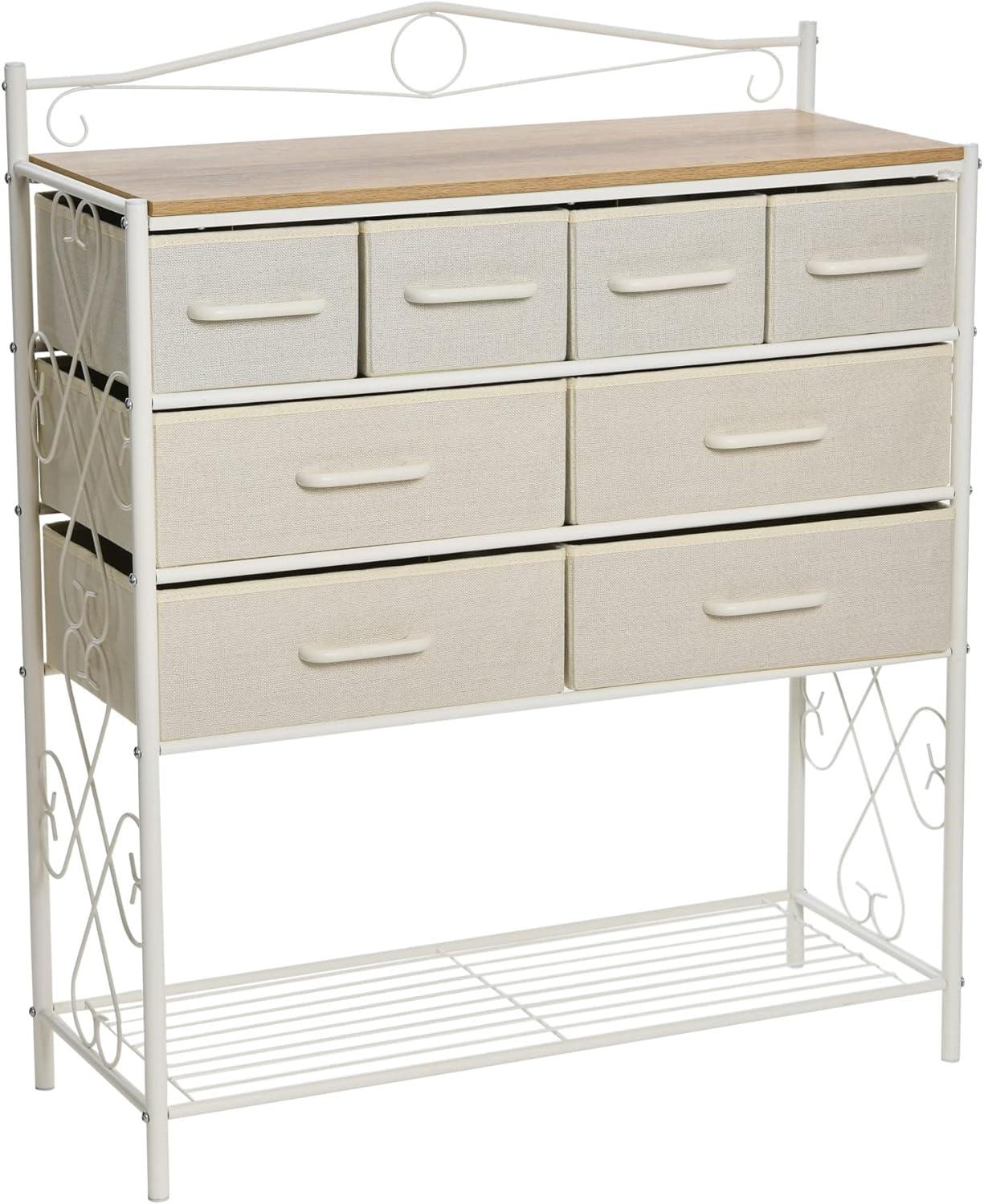 Coastal Oak White Metal Frame 8-Drawer Dresser with Storage Rack