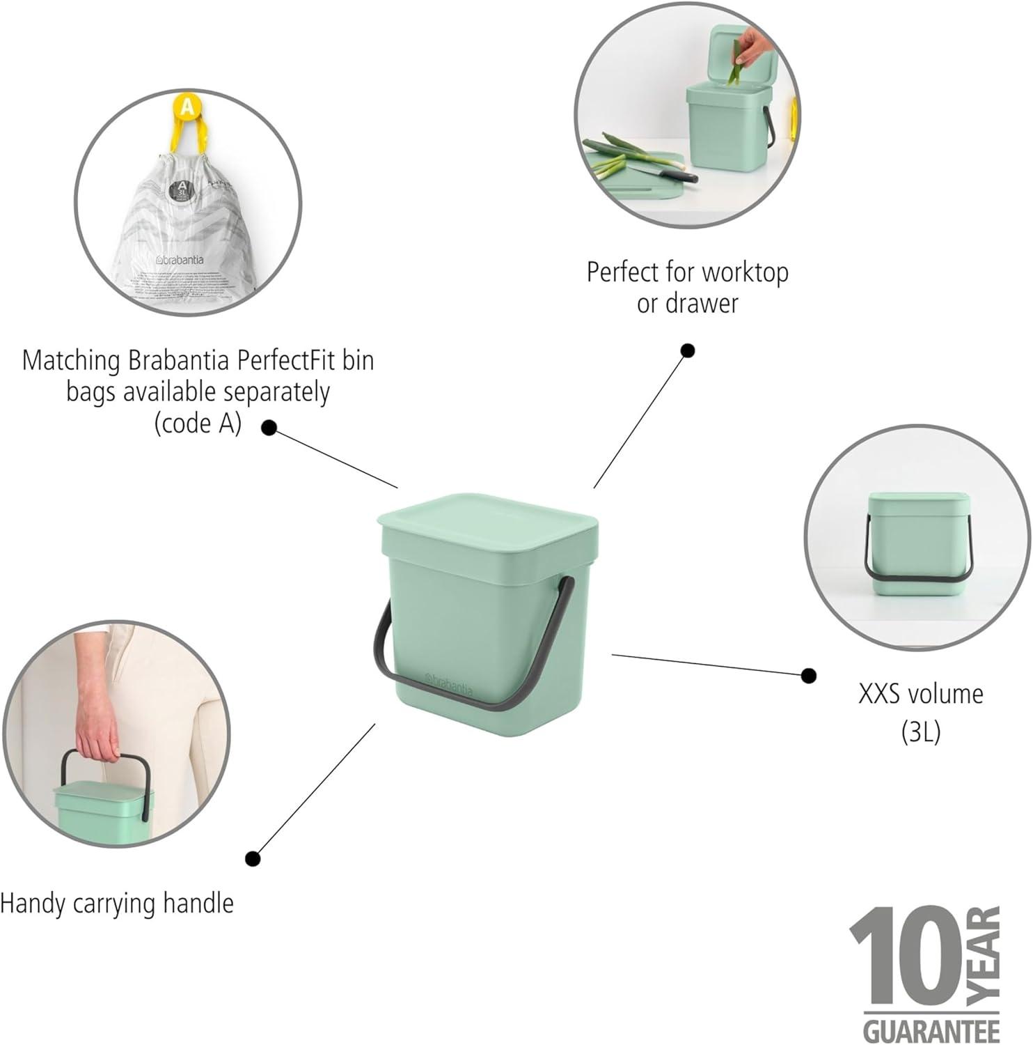 Jade Green Plastic Kitchen Compost Bin with Handle