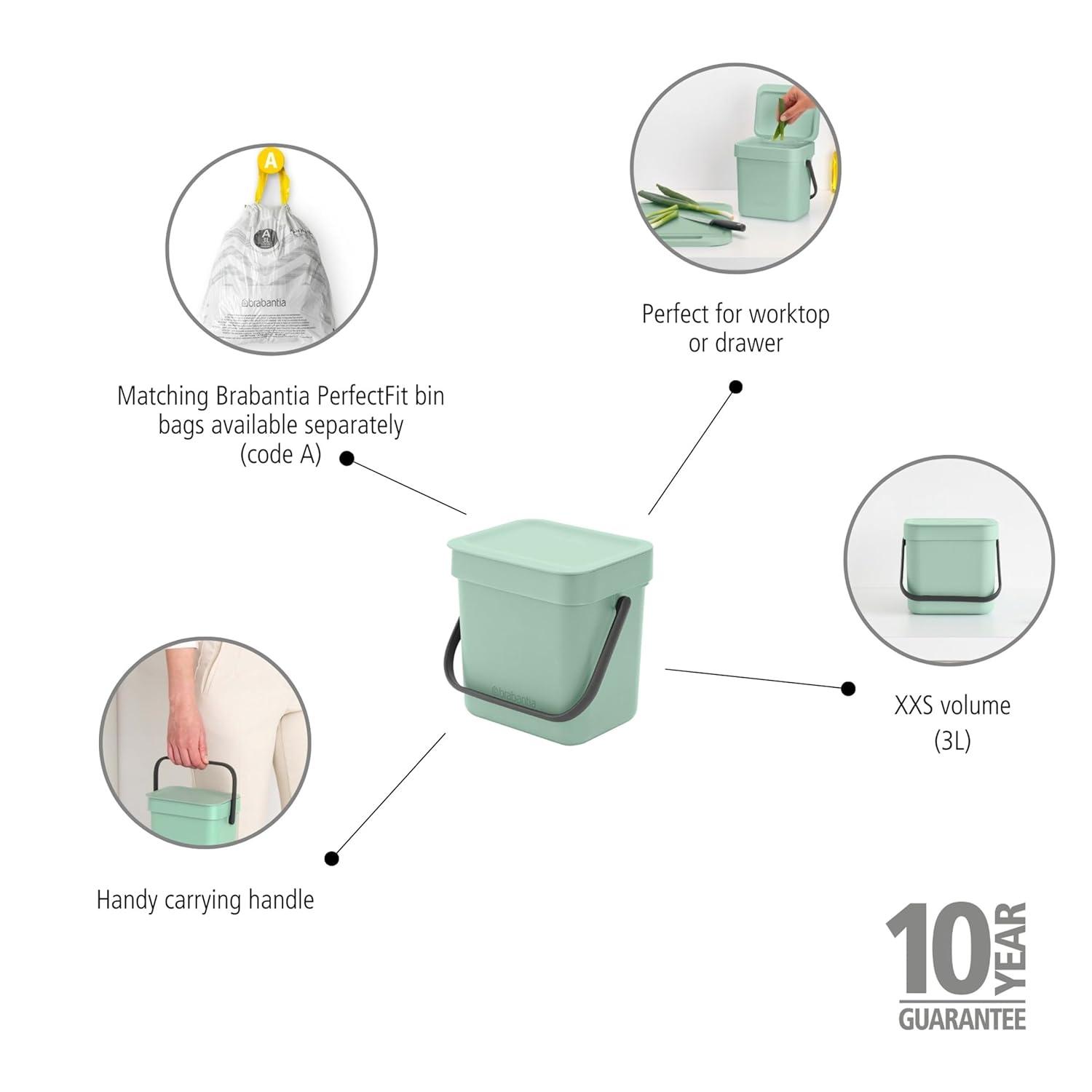Jade Green Plastic Kitchen Compost Bin with Handle