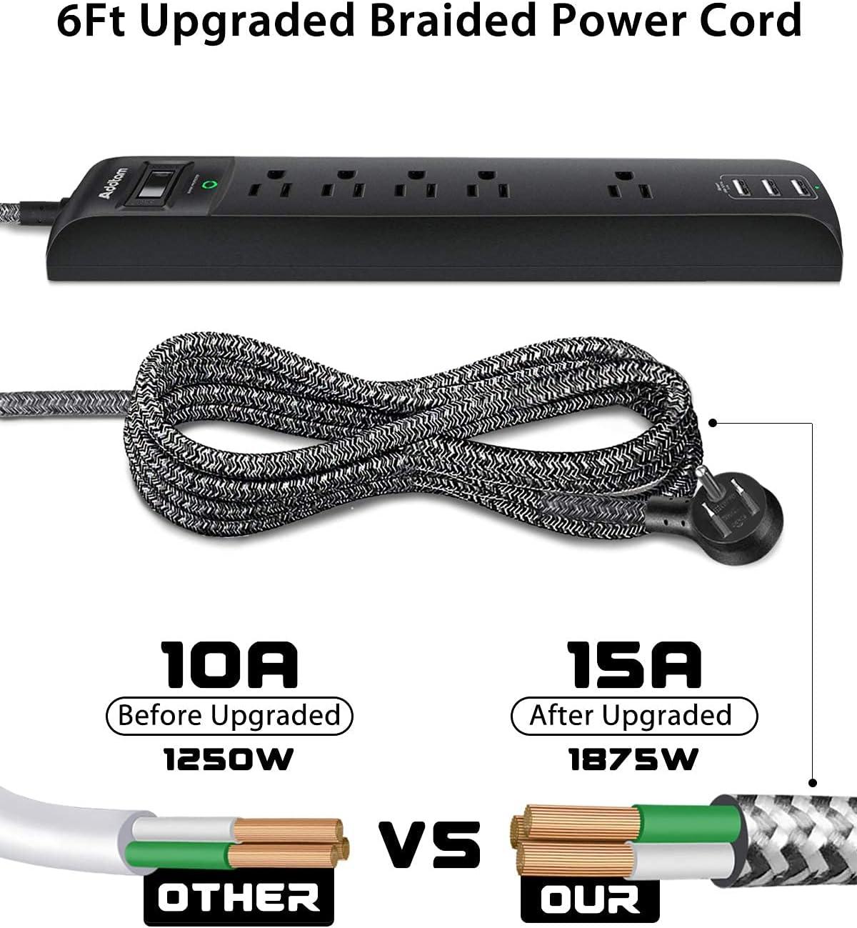 Black 6-Foot 5-Outlet Power Strip with USB Ports, 2-Pack