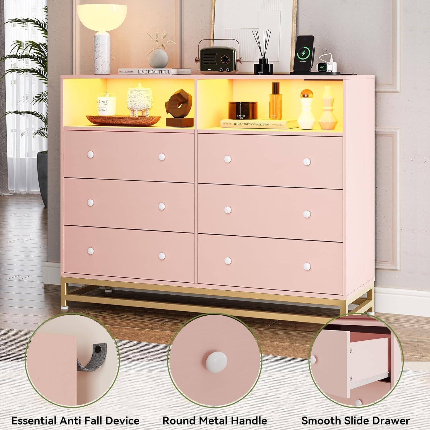 Juiluna Wide Dresser for Bedroom with Charging Station, 6 Drawer Dresser with LED Lights, Modern Large Capacity Storage Cabinet, Closet,White/Black/Pink