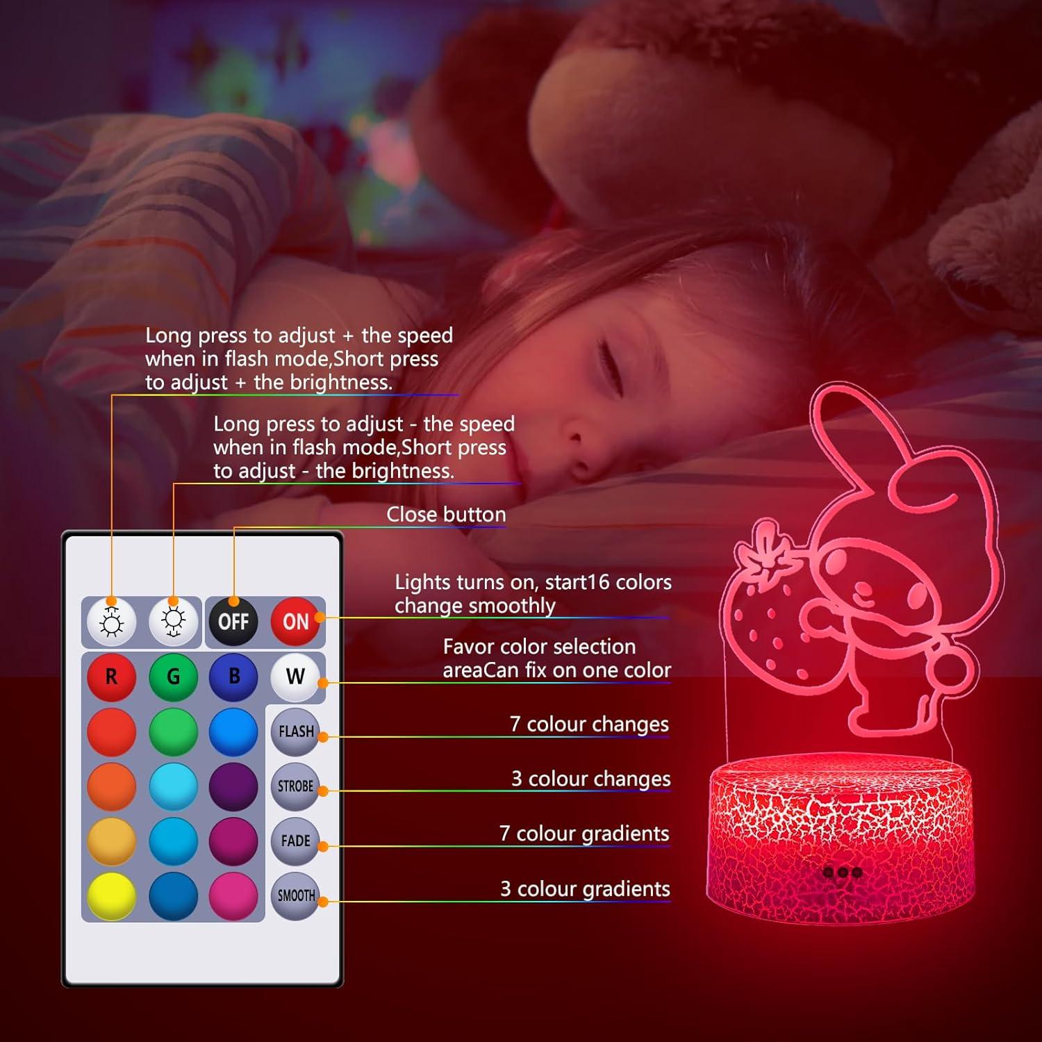 3D Illusion Night Light for Kids - Cute Lamp Led Night Light Anime Charater 16 Colours Change with Remote Control Kitty Lamp Room Decor Birthdays Holidays Christmas Gifts for Kids and Girls