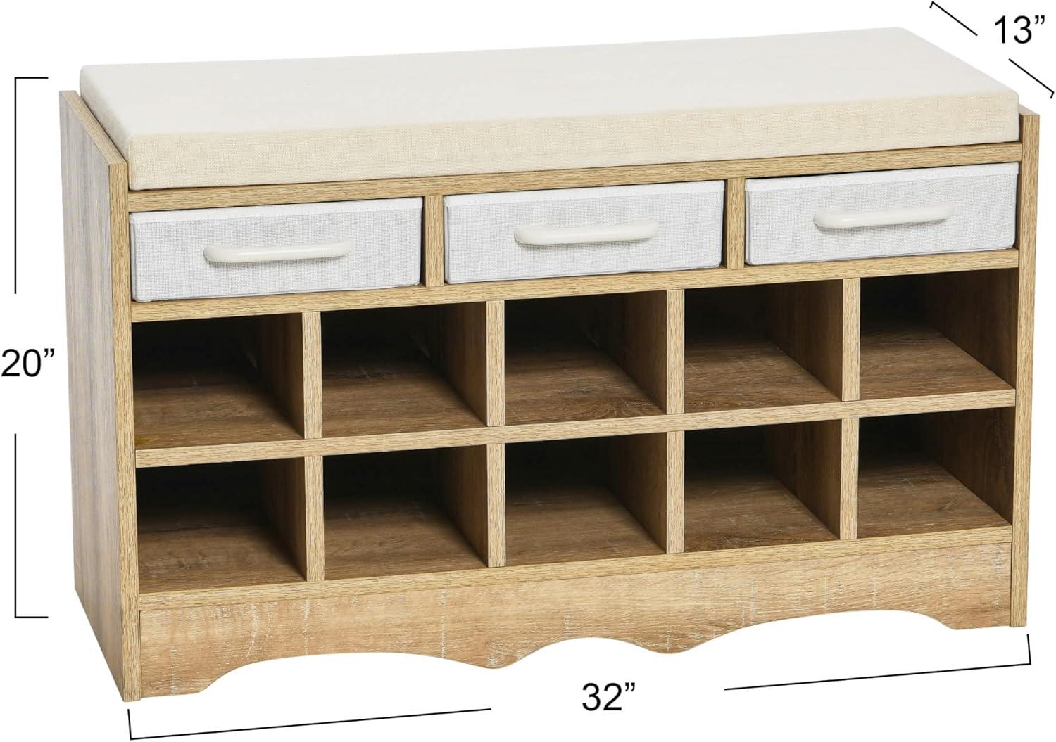 Household Essentials Entryway Storage Bench with 3 Beige Drawers 10 Shoe Compartments and Cushioned Seat in Coastal Oak Rustic Wood Grain