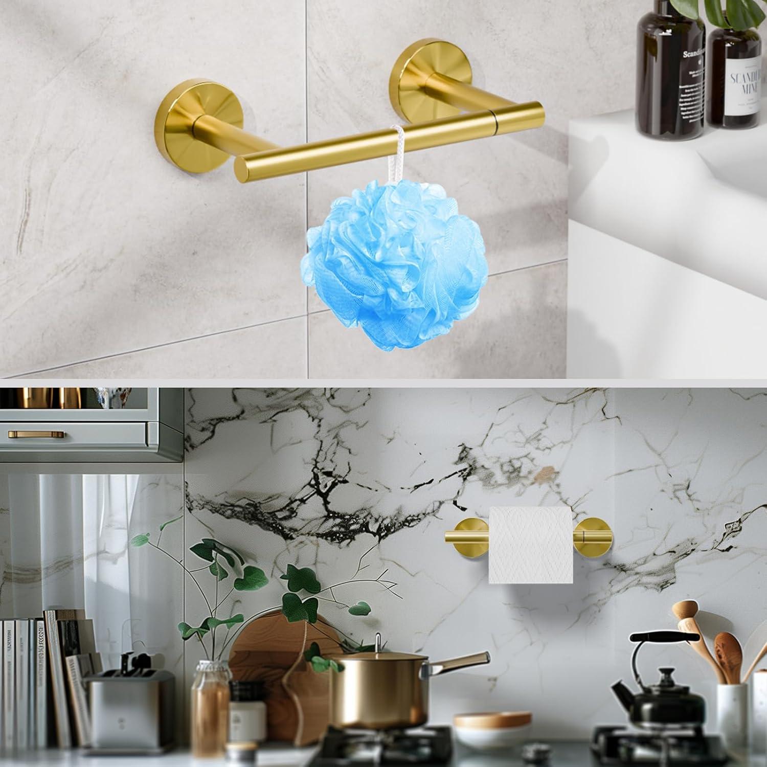 MOGFCT Toilet Paper Holder Brushed Gold Wall Mounted, Double Post Pivoting Toilet Paper Holder SUS 304 Stainless Steel Bathroom