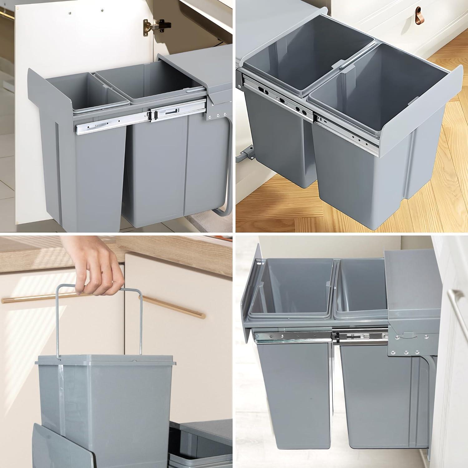 Pull Out Trash Can Under Cabinet Under Sink Double Sliding Trash Can Kitchen 20 + 10 Quart Recycling Bin Waste Container for Garbage Classification，Under Cabinet Bottom Mount