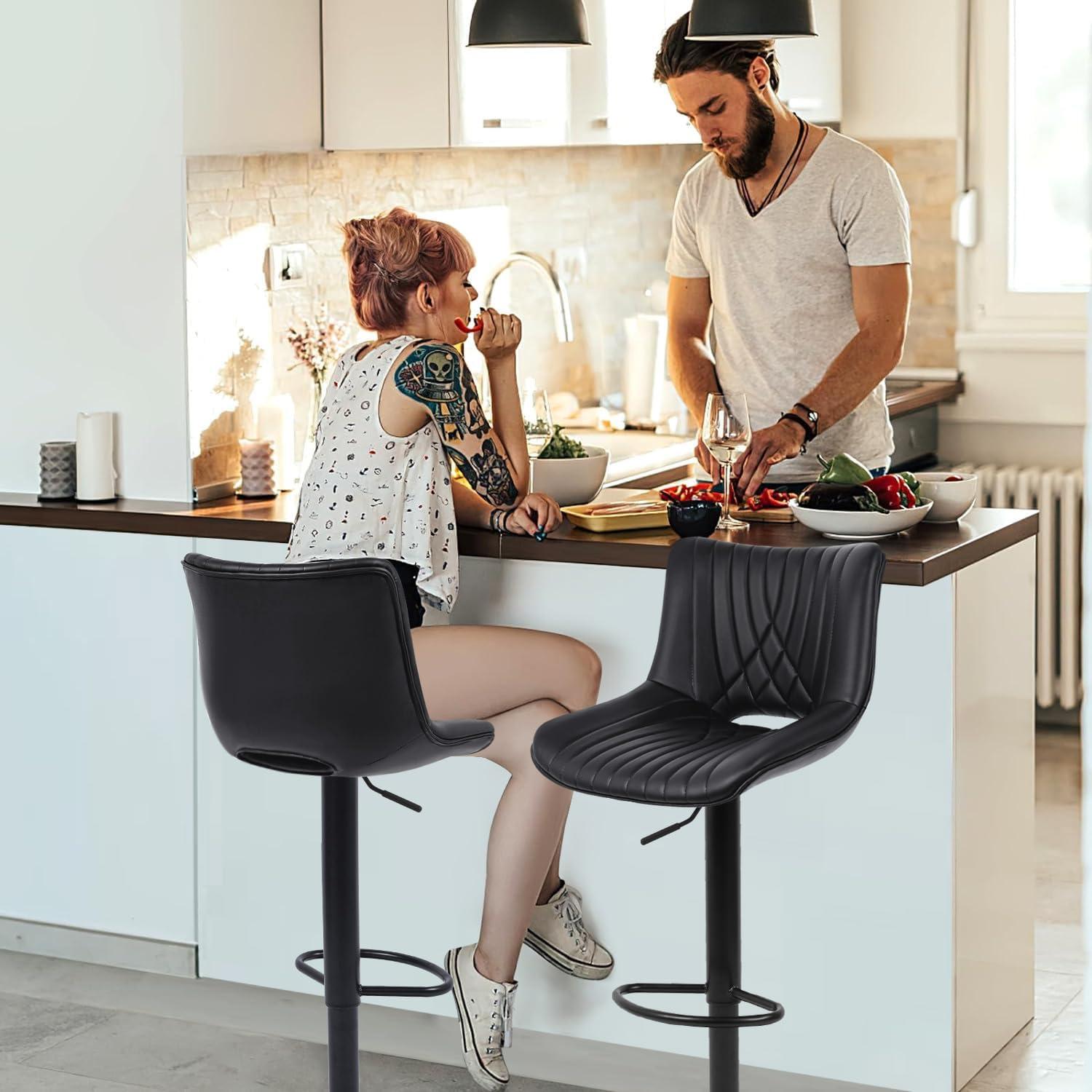 YOUNIKE Swivel Bar Stools Set of 2 Adjustable Leather Counter Barstool, Black