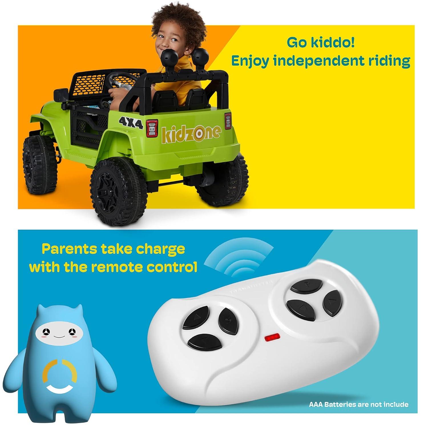Kidzone Ride On Truck 12V Battery Powered Electric Kids Car Vehicle Toy with DIY License Plate, 4 Wheeler Quad, Parent Remote Control, MP3, High Low Speeds, LED Lights - Green