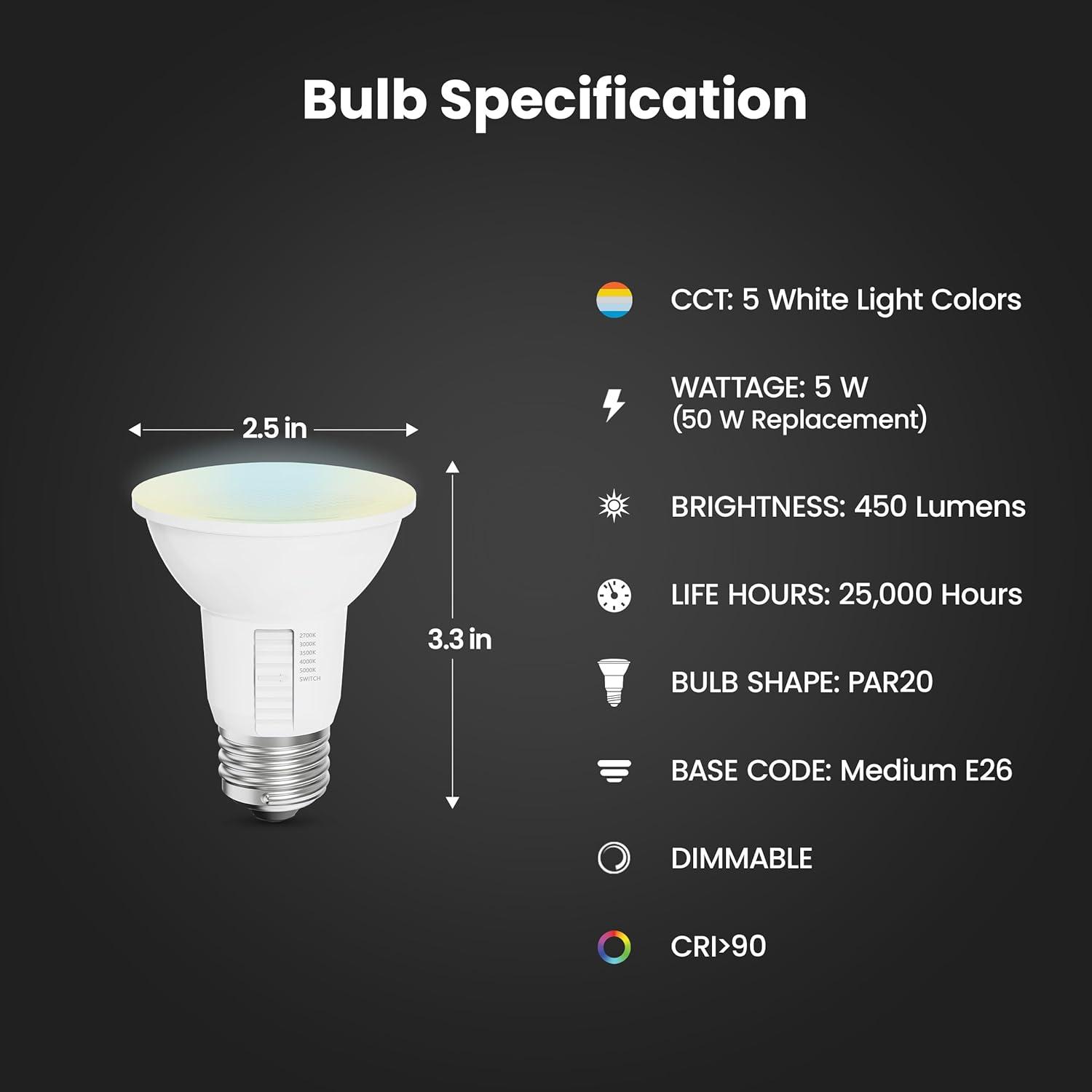 Adjustable White Dimmable LED PAR20 Flood Light Bulb 2-Pack