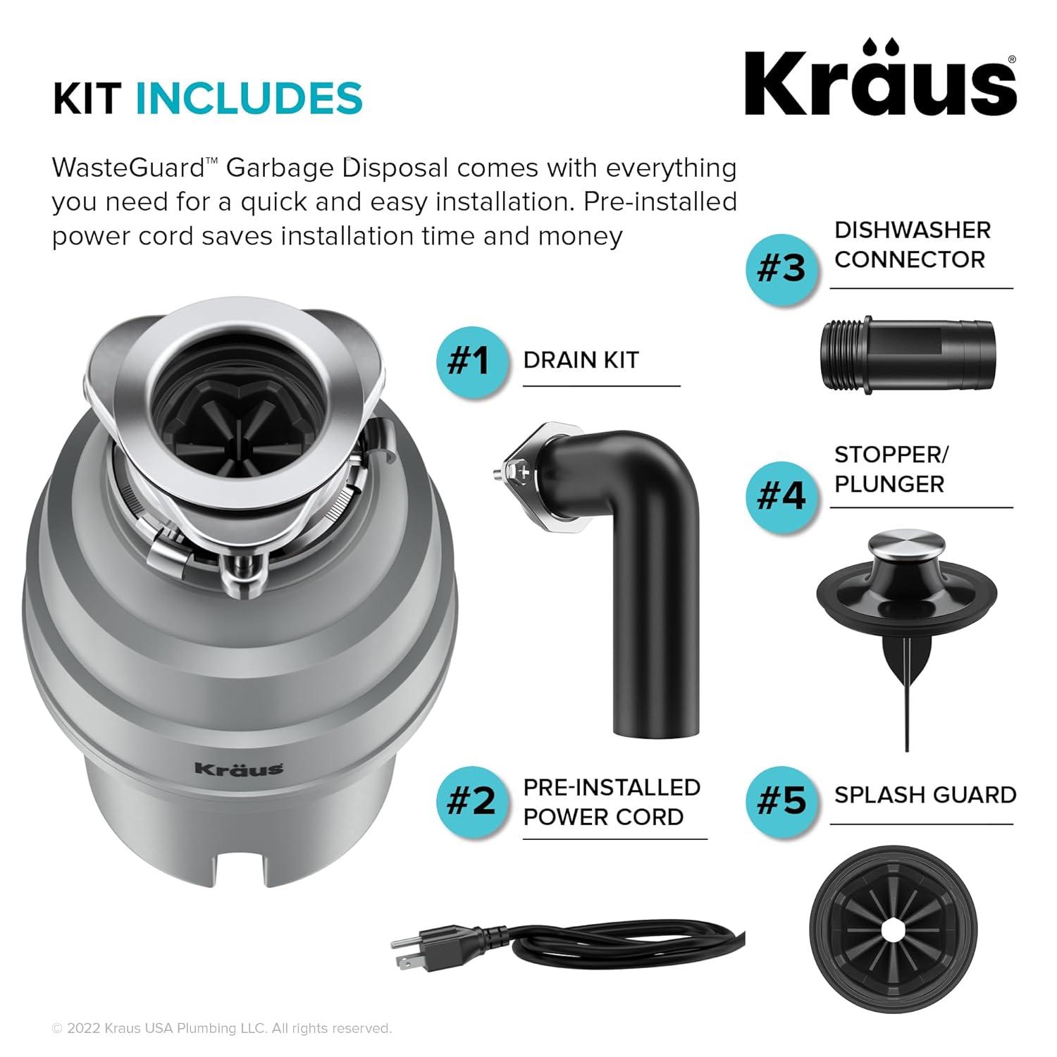 Kraus KRAUS Wasteguard High-Speed 3/4 HP Continuous Feed Ultra-Quiet Motor Garbage Disposal With Power Cord And Flange Included And Universal Mount, KWD210-75MGR