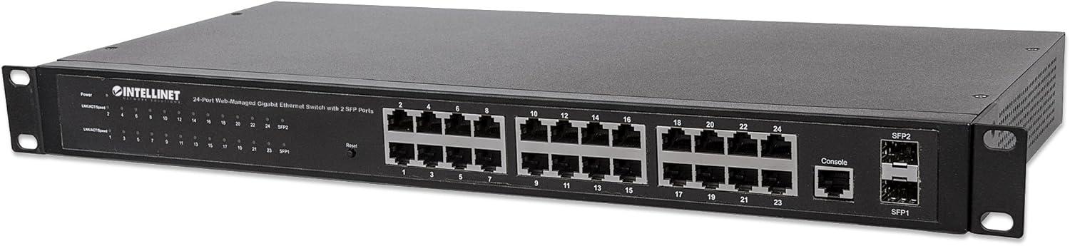 Intellinet 24-Port Web-Managed Gigabit Ethernet Switch with 2 SFP Ports | Fanless | VLAN, SNMP, 802.1X | NDAA