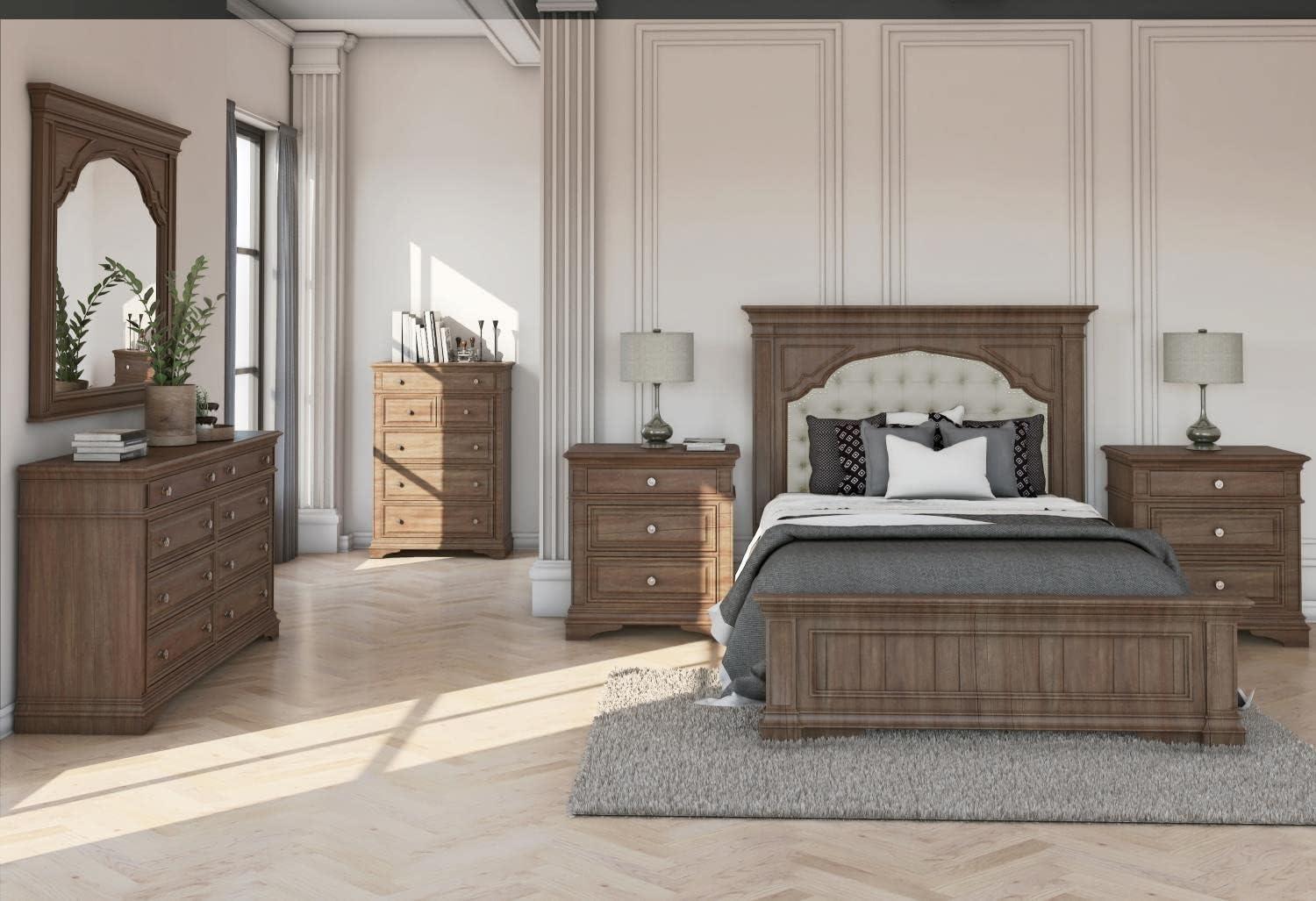 Highland Park Solid Wood Driftwood Gray Upholstered Panel Queen Bed