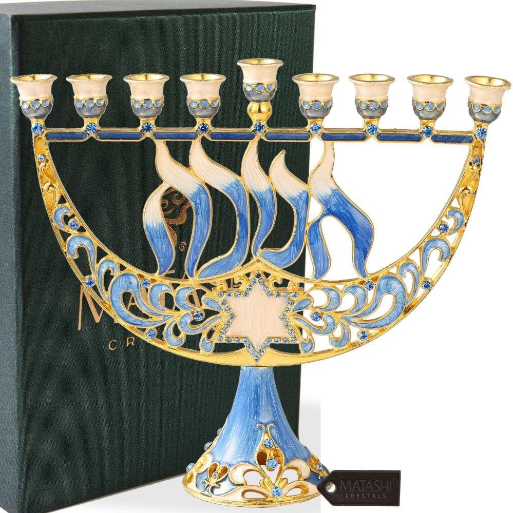 Matashi HandPainted Enamel Menorah Candelabra-Hanukkah Design  Crystal