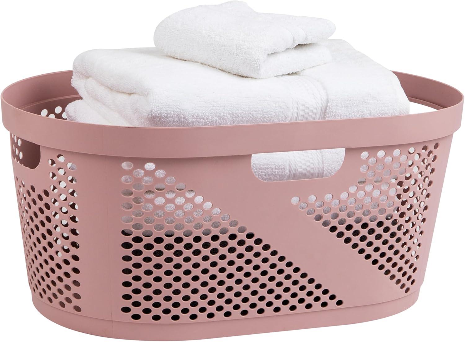 Pink Plastic Wicker Laundry Basket with Handles and Lid